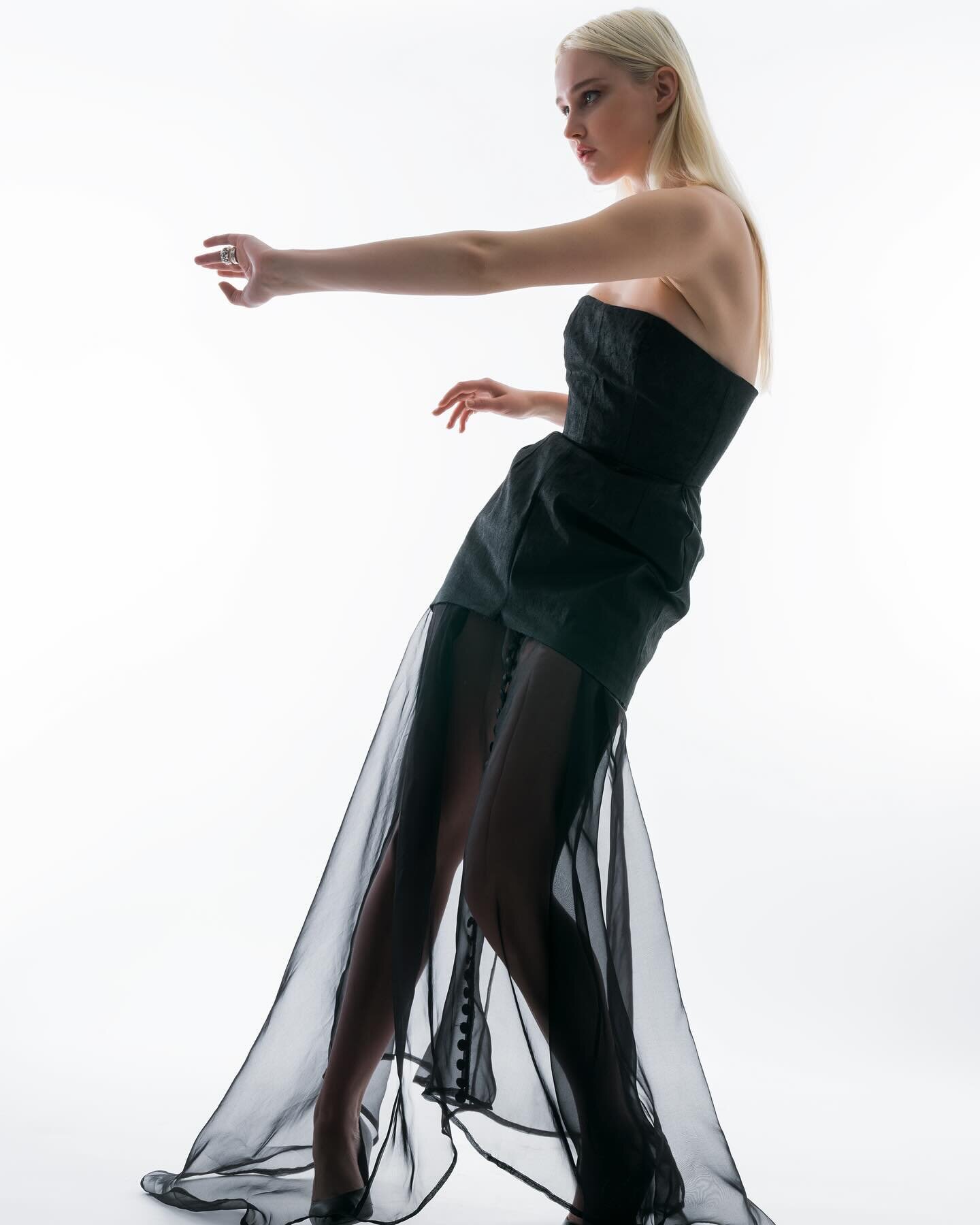 + Silk organza maxi skirt with tuxedo bridal button closure at CF +