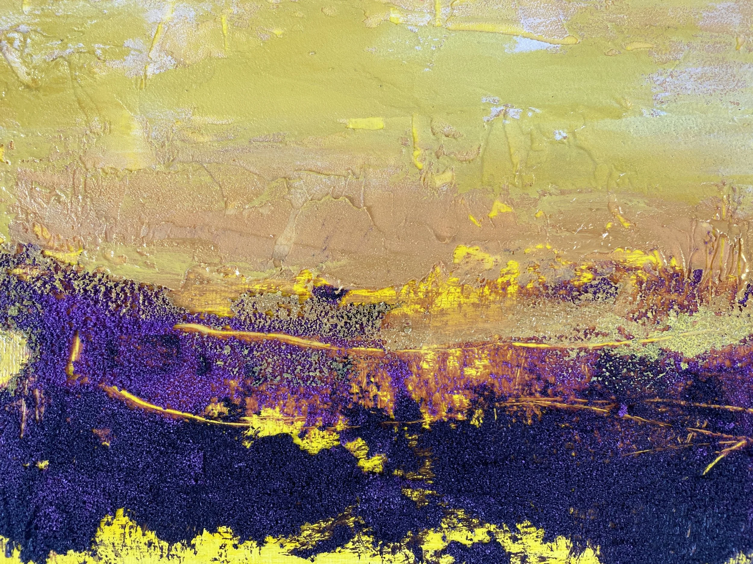 Abstract landscape painting with yellow, purple, and black textured layers.