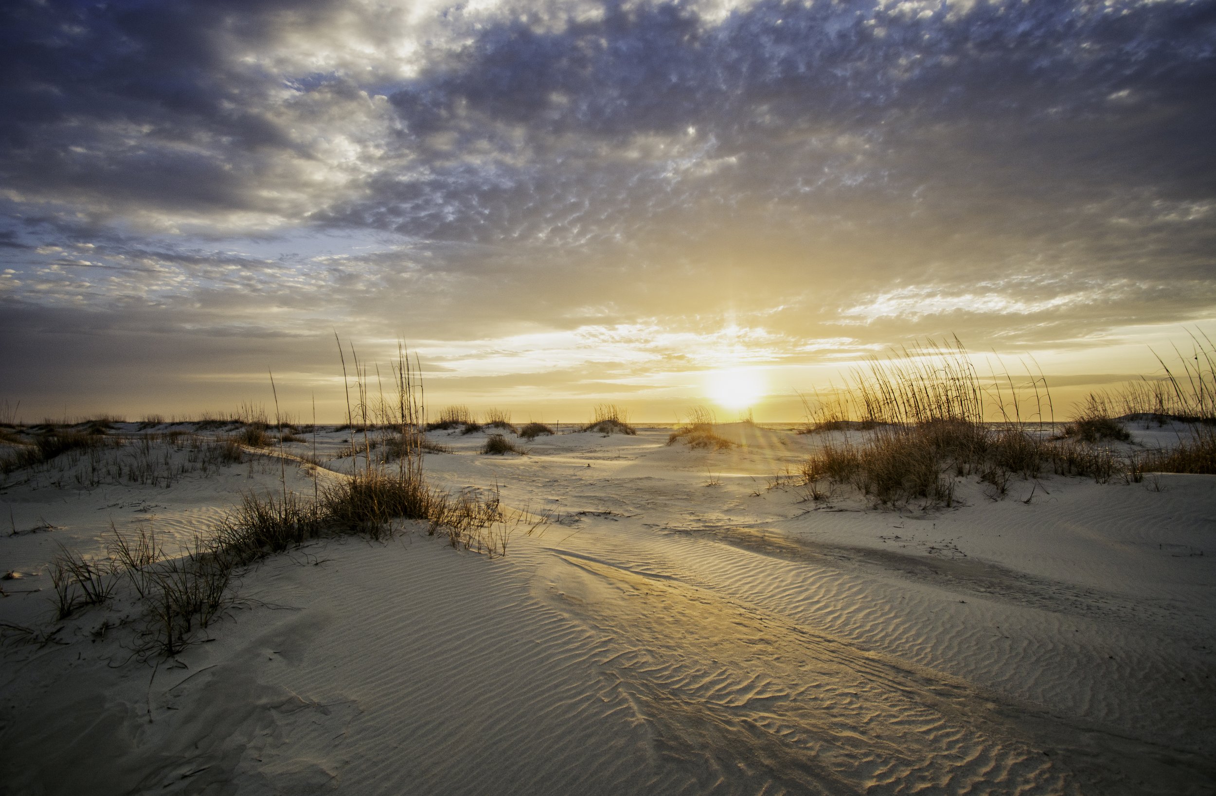 Sunset over sandy dunes with sparse grasses, partly cloudy sky in shades of gray and blue.