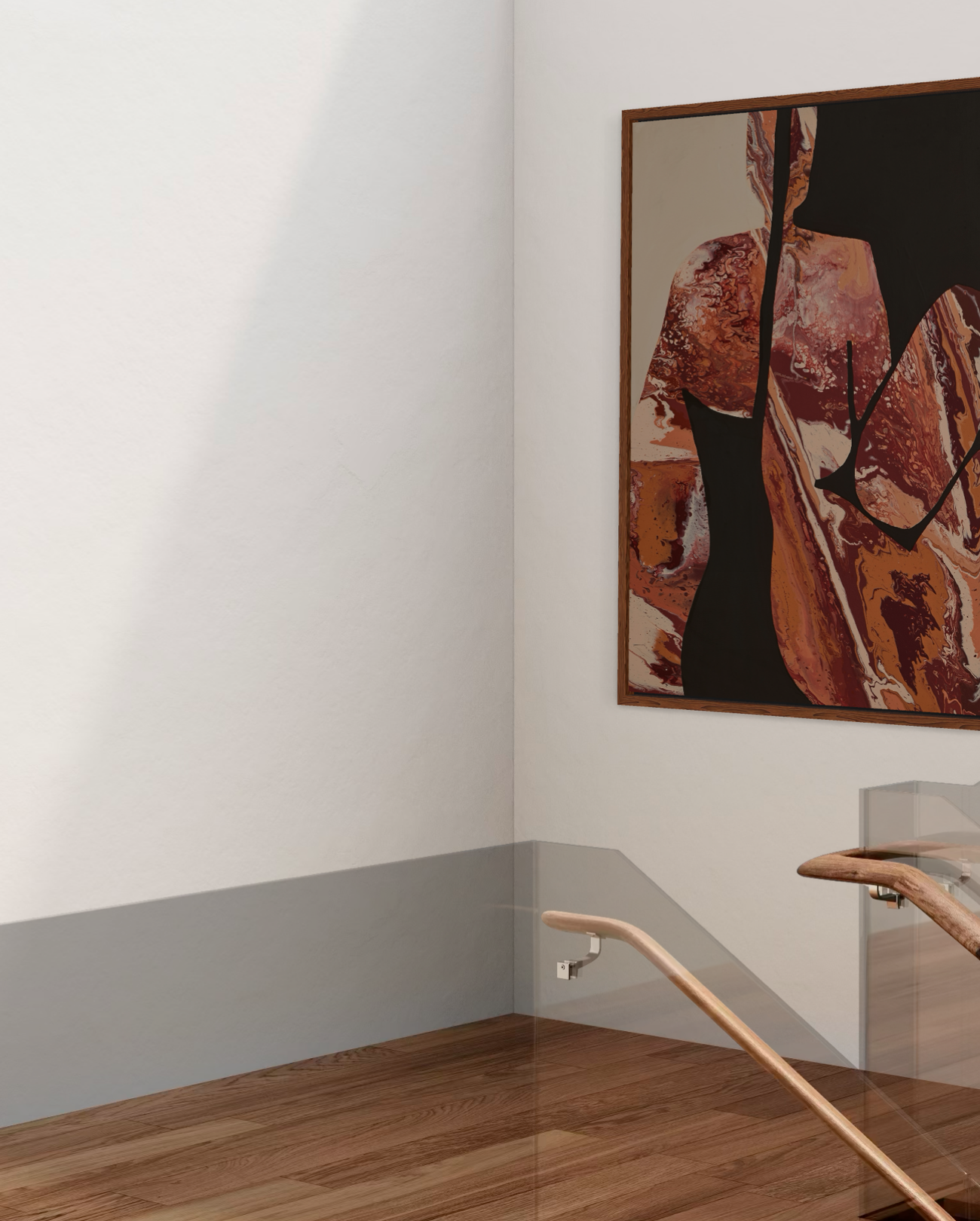 An art gallery with a modern abstract painting on the wall, featuring a stylized female figure with a flowing black silhouette and a background of marbled red, white, and brown patterns. There are wooden railings on a staircase in the foreground, and