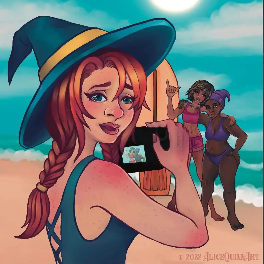 Happy Solstice and first day of summer. 
Felt like a new piece with some witches on the beach were a good way to celebrate. Started the sketch for this one back in 2020, finally got to finishing it.

Wear sunscreen, so you don't end up like that poor