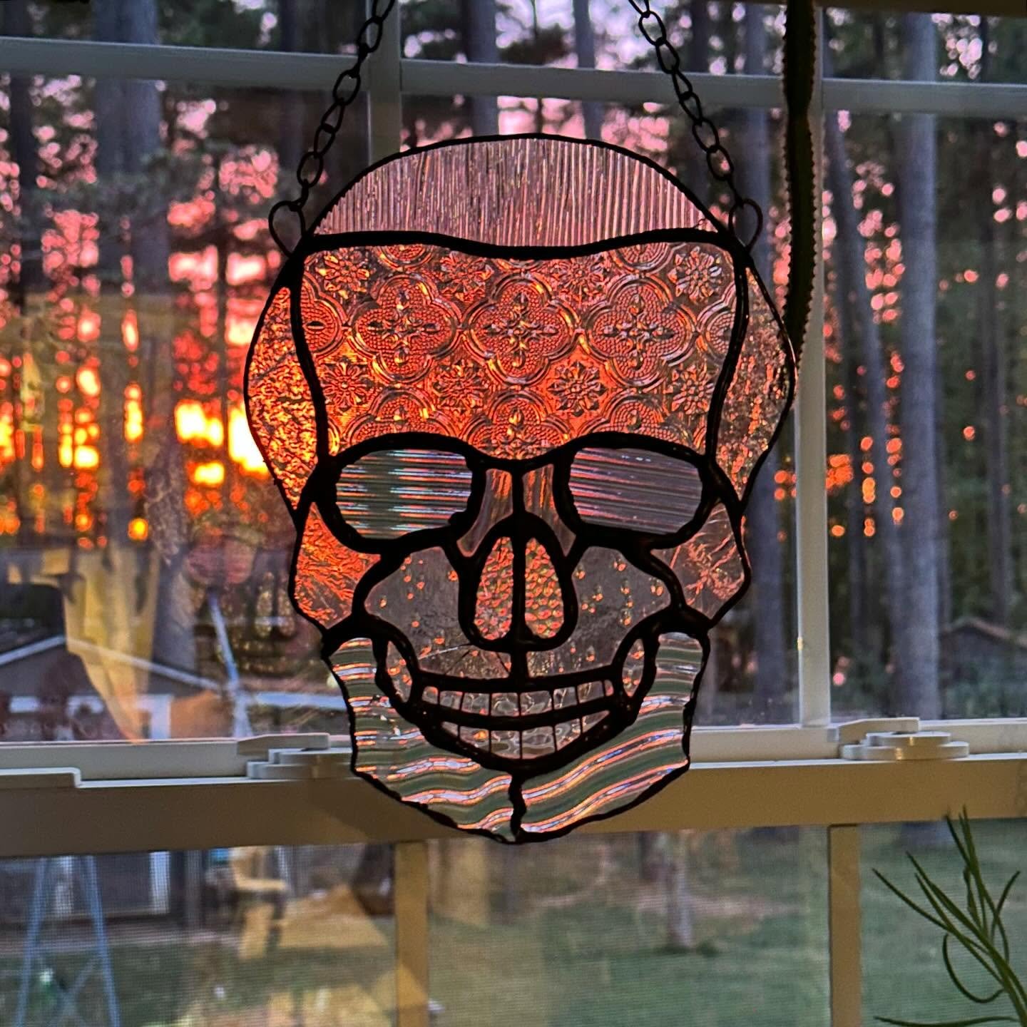 This piece fell in the crash of glass I had 😢 So it&rsquo;s mine now. You can&rsquo;t see but it has some breakage. The sun makes it look so good, if with its breaks. The sky is on fire.