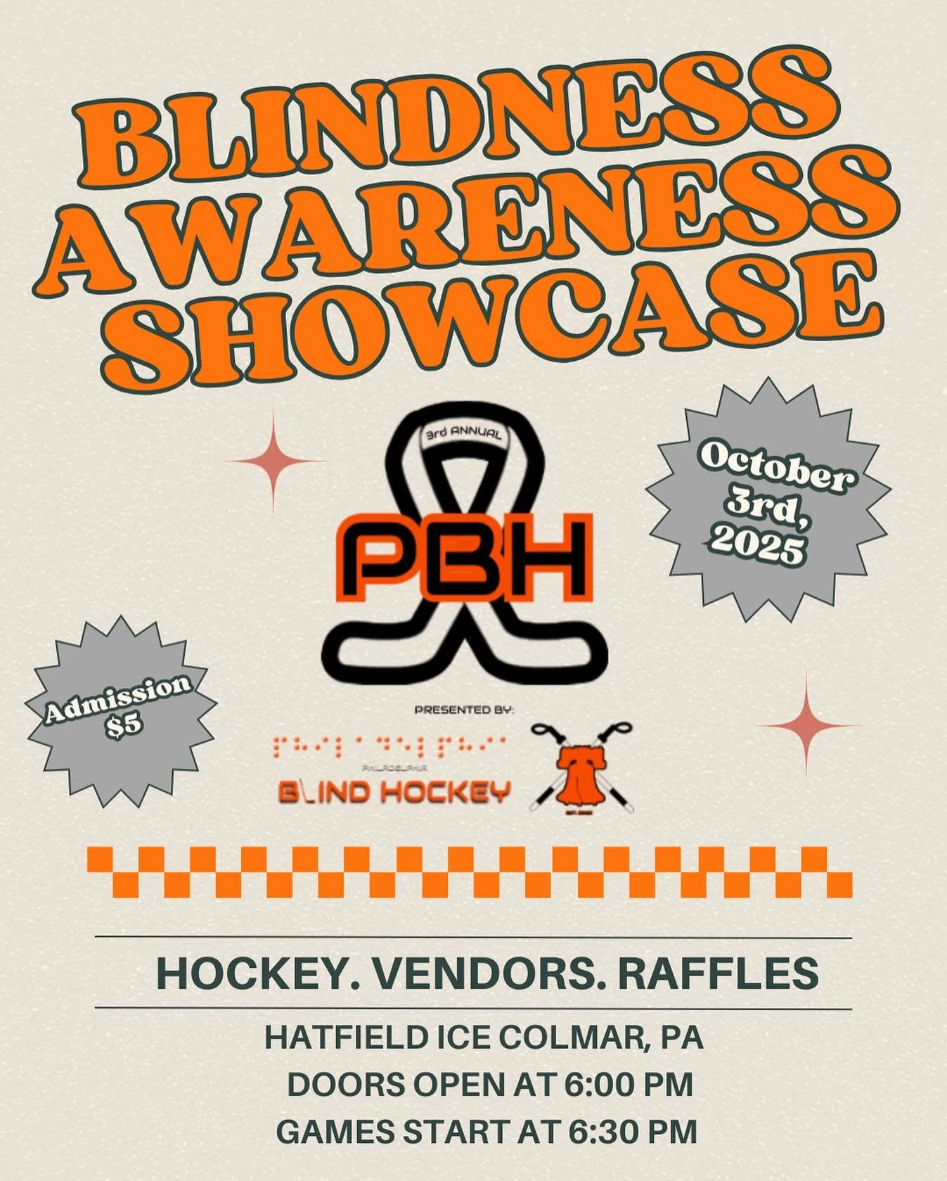 ๐โจ Join us for the 3rd Annual Blindness Awareness Showcase on October 3rd, 2025 at Hatfield Ice in Colmar, PA! ๐ Enjoy a night of hockey, vendors, and raffles while supporting blind hockey and raising awareness ๐ช Admission just $5 — doors op