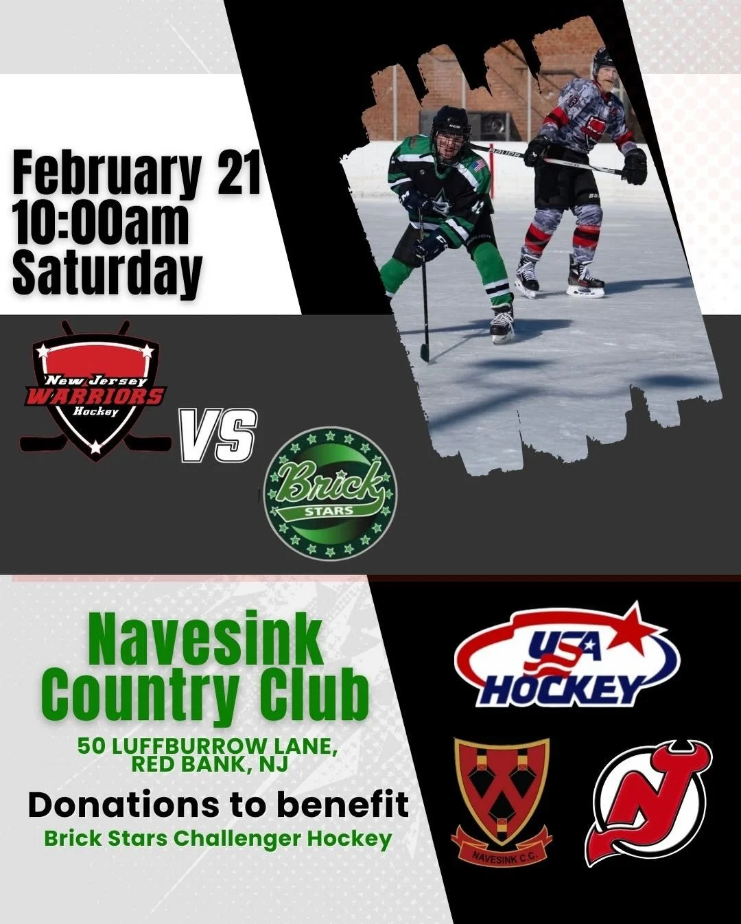 On February 21, Aurora, August and Xander, will be playing with the @brick.hockey.club.official in an outdoor game versus the @njwarriorshockey at Navesink Country Club. Come on out for a fun day full of great hockey!!