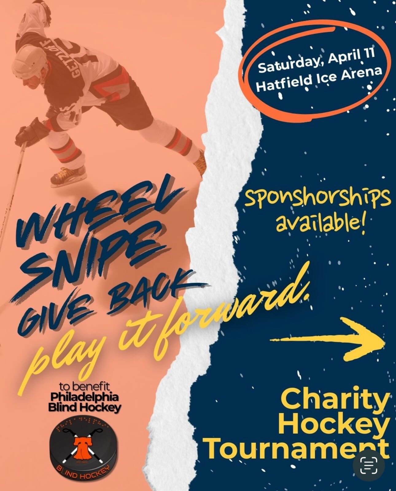 Where snipes give back and players pay it forward!

Join us for the Wheel Snipes Give Back Charity Hockey Tournament to benefit Philadelphia Blind Hockey partnering with @agencynearyou. This event brings the hockey community together to support athle