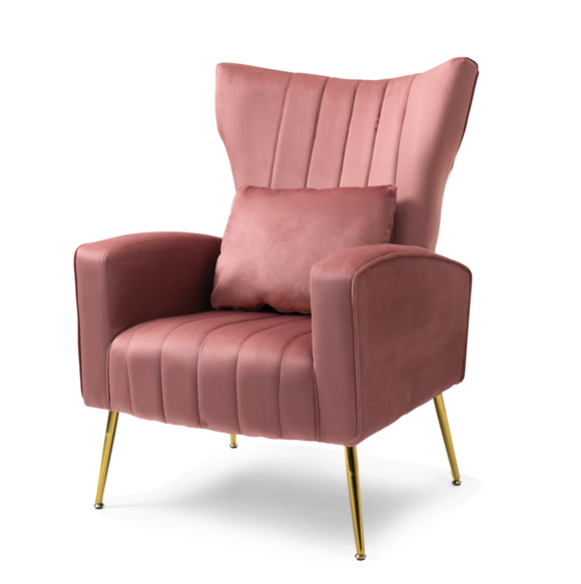 Mid Century Modern Vanity Chair for Bedroom with Armrest, Arm Chair with Golden Metal Legs, Pink