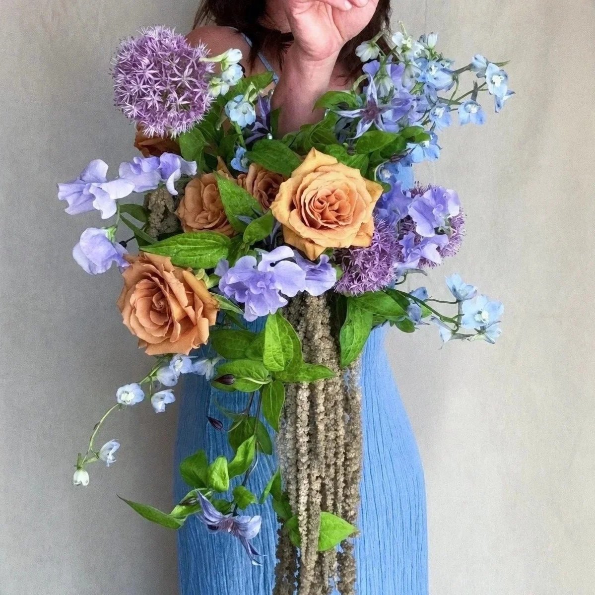 pearl handbag bridal bouquet whimsical lavender blue toffee moandcofloral parkcitywedding
