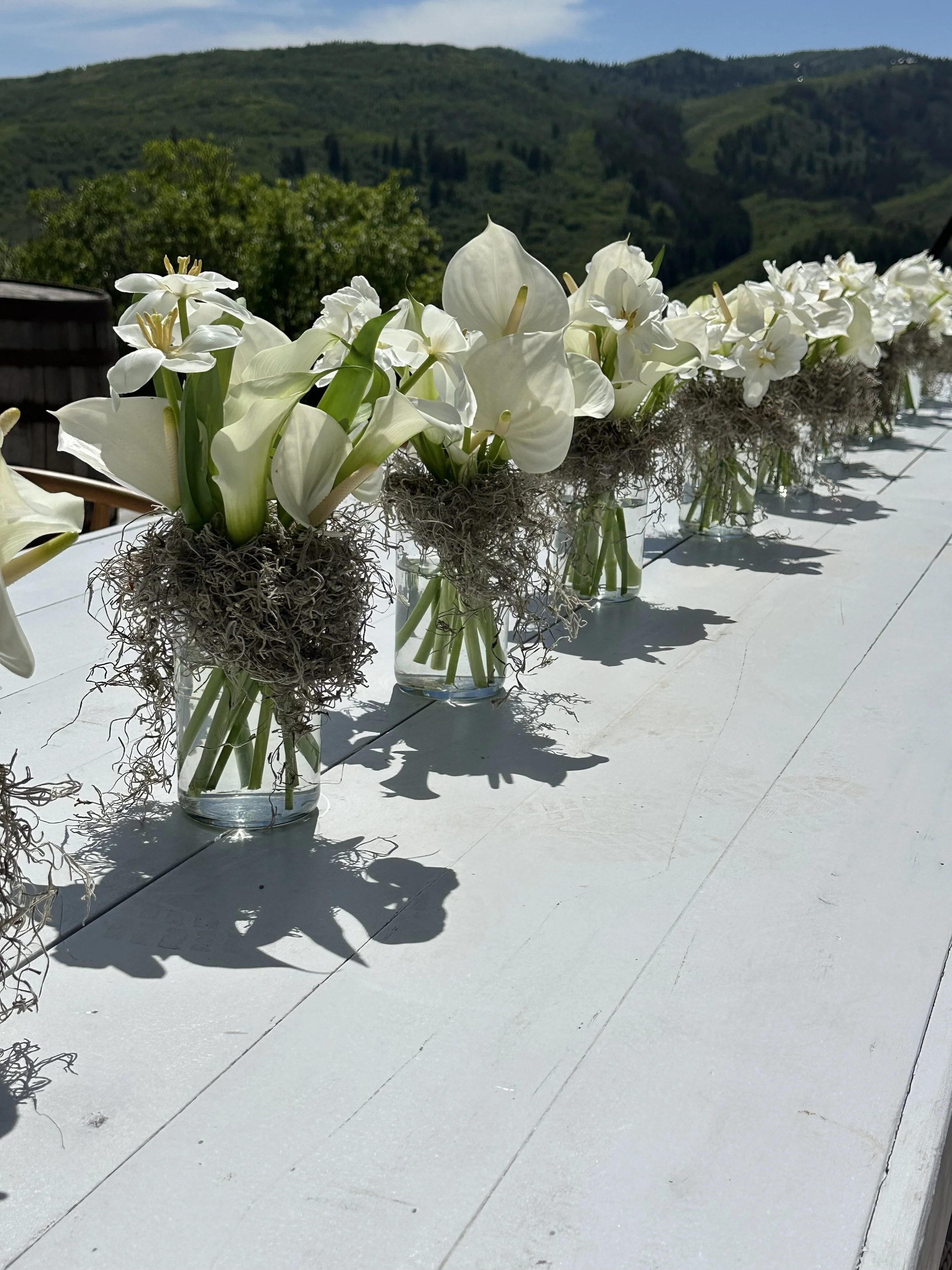 White flower arrangements in glass vases with a scenic outdoor mountain landscape in the background.