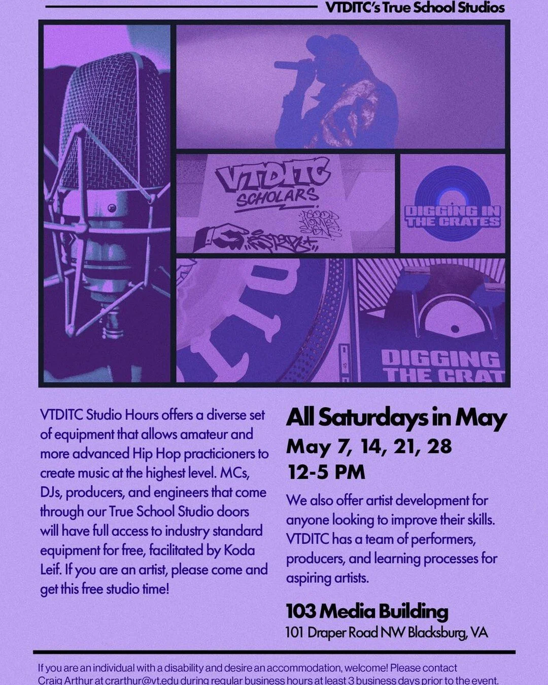#VTDITC is hosting FREE studio hours every Saturday in May from 12-5PM! We will be in 103 Media Building, 101 Draper Rd. NW, Blacksburg, VA, Saturday, May 7, 14, 21, and 28! Come through! 

- @the.yellowhornet