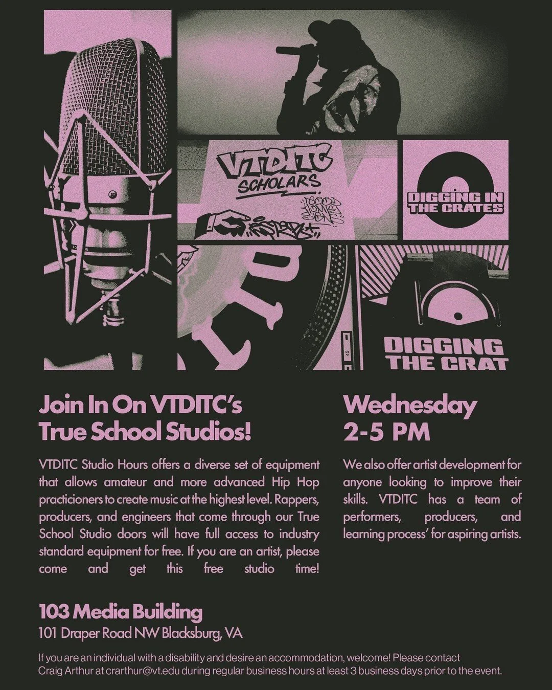 #VTDITC Studio Hours every Wednesday 2-5PM (103 Media Building - 101 Draper Road NW Blacksburg, VA) Access to industry standard equipment