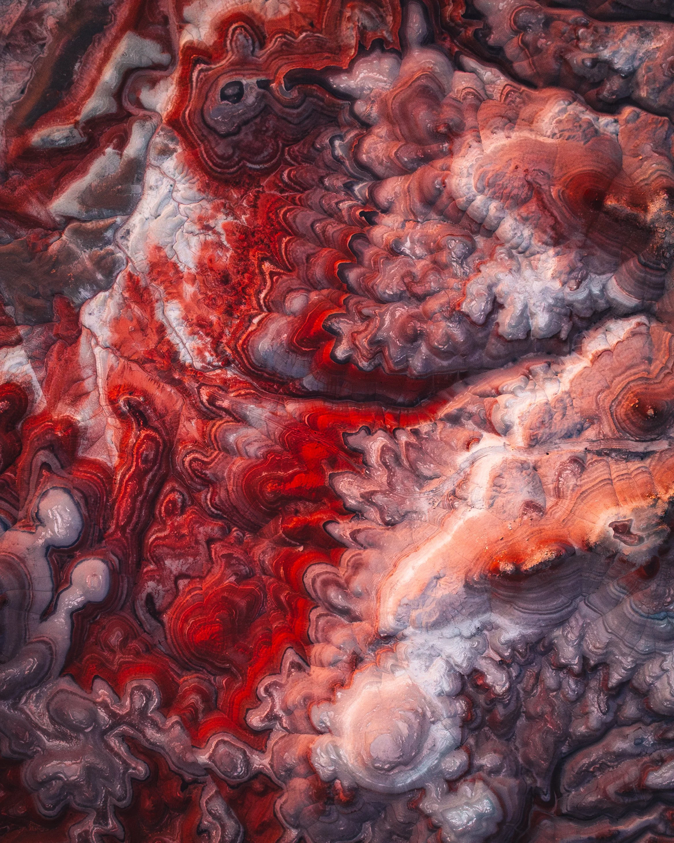 Close-up view of a polished, colorful mineral or gemstone with swirling patterns in red, black, gray, and white hues.