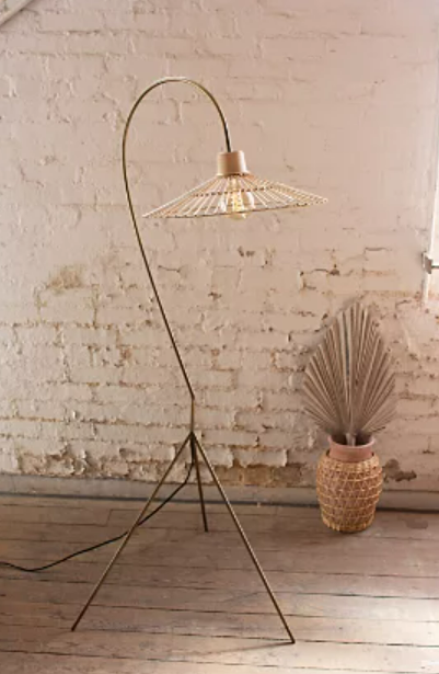 Kalalou Antique Brass Finish Floor Lamp w/ Rattan Umbrella Shade