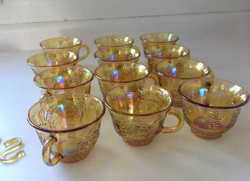 1970s Depression Glass Amber Carnival Glass Punch Bowl Cups
