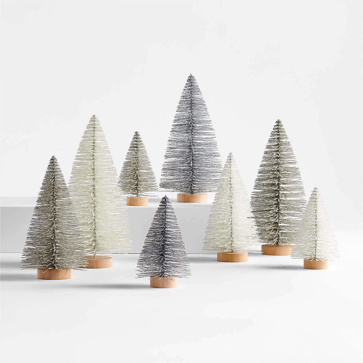 White and Silver Bottle Brush Christmas Trees, Set of 8 - Crate &amp; Barrel