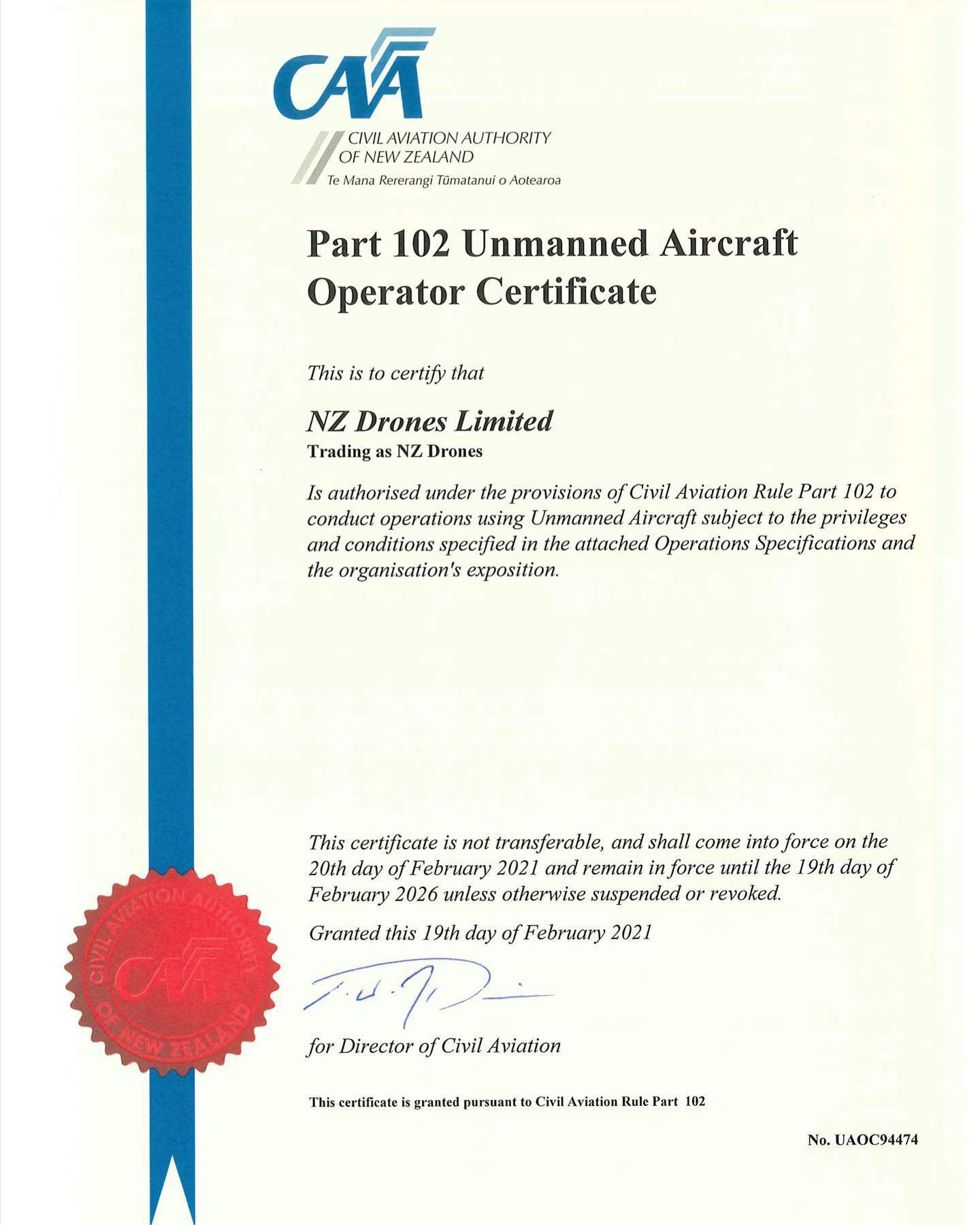 NZ DRONES is pleased to announce that we have completed the recertification/renewal of our Unmanned Aircraft Operators Certificate from the Civil Aviation Of New Zealand ( CAA ) NZ Which has now been extended for the next 5 years 2026.

Congratulatio