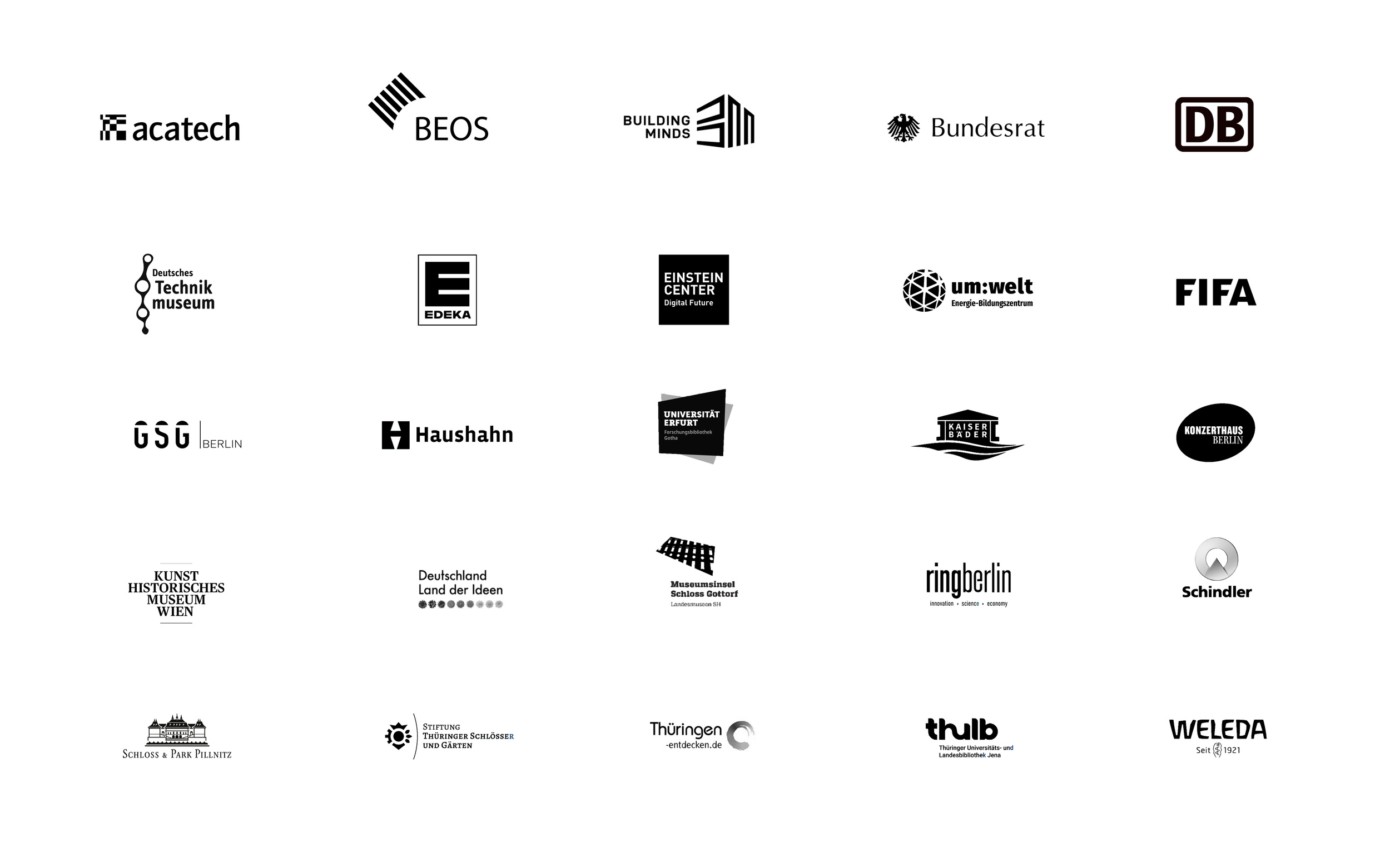 acatech, BEOS, Building Minds, Bundesrat, DB, Deutsches Technikmuseum, EDEKA, EINSTEIN CENTER Digital Future, um:welt Energie-Bildungszentrum, FIFA, GSG Berlin, Haushahn, Universität Erfurt Forschungsbibliothek Gotha, Kaiserbäder, Konzerthaus Berlin