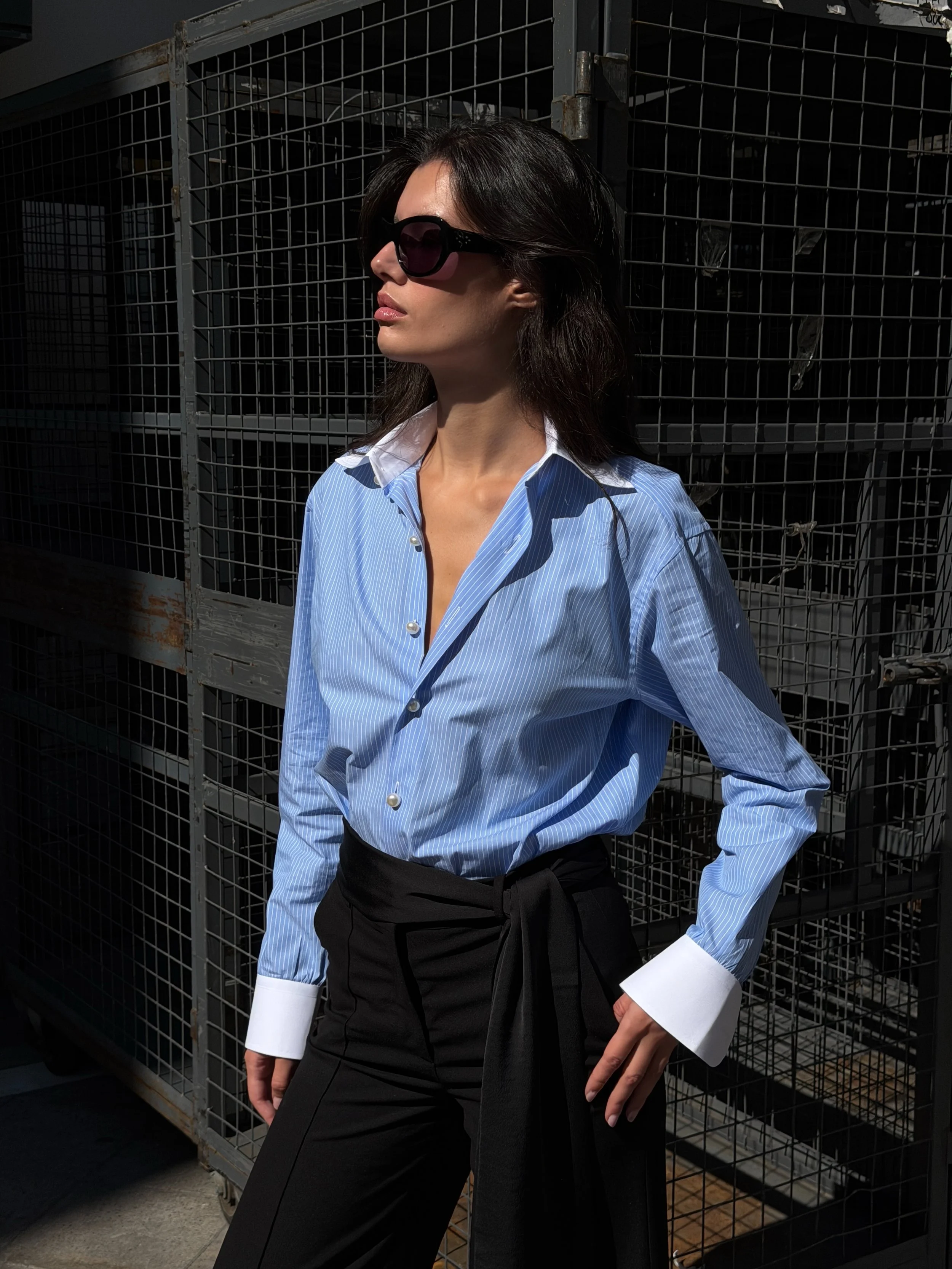 the star of the show, the classic shirt in blue pinstripe.