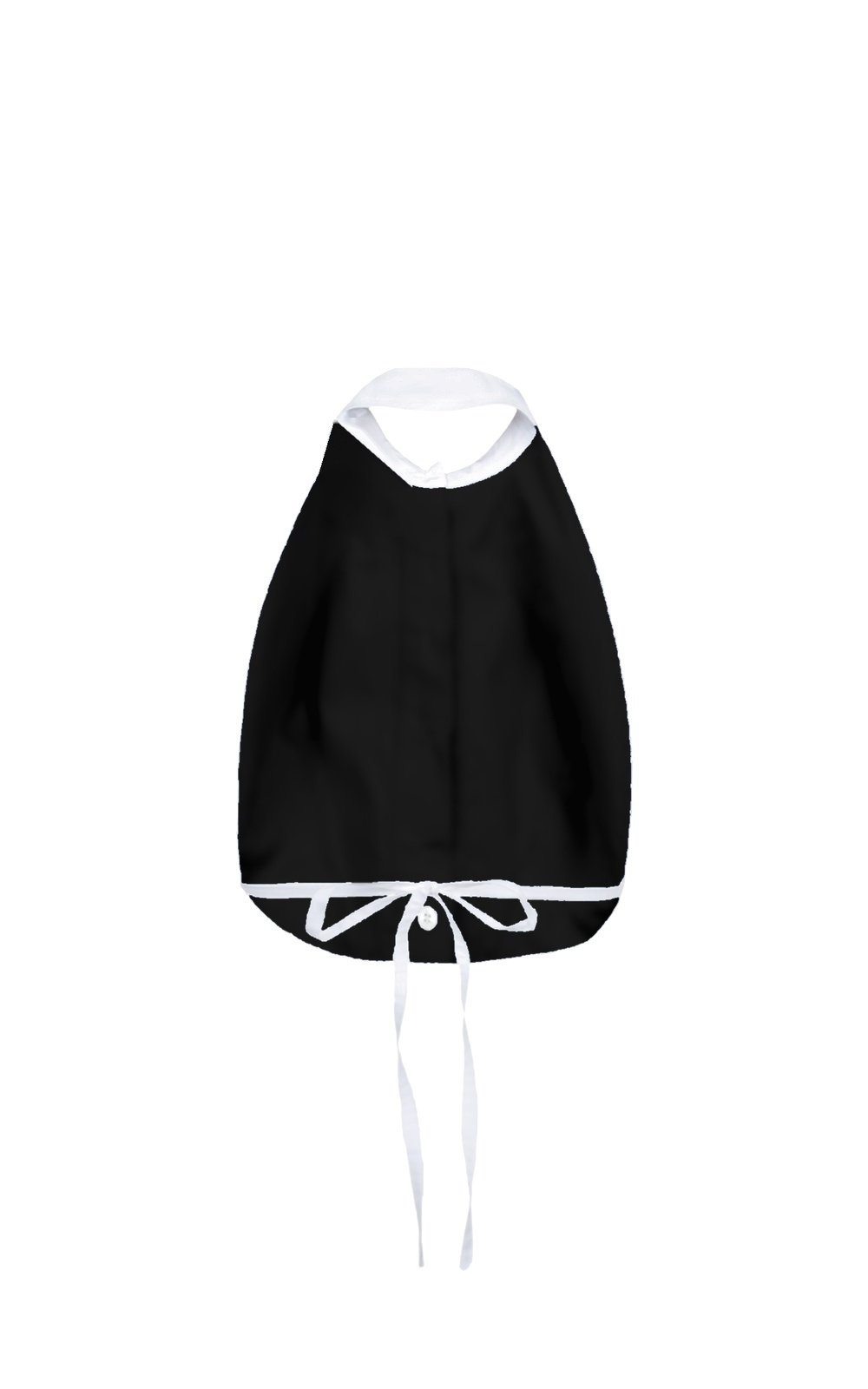 Back of the WOERA tuxedo halter neck top in black with white collar and tie fastening
