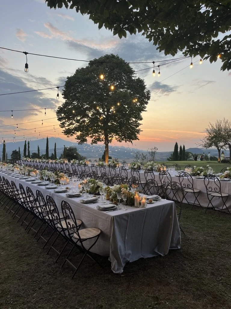 Wedding dinner at sunset in tuscany