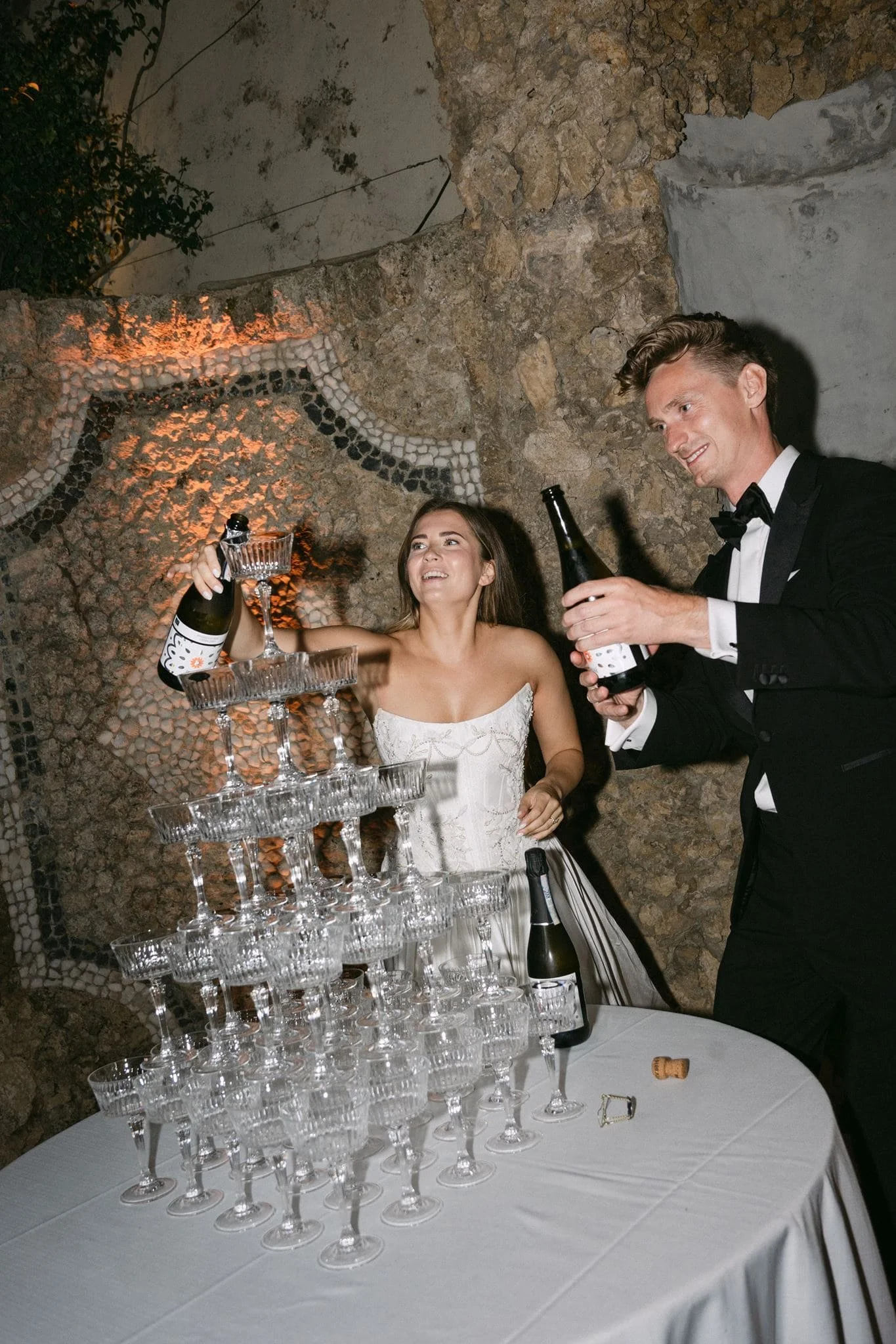 Elegant champagne tower in the grotto at Villa Gamberaia