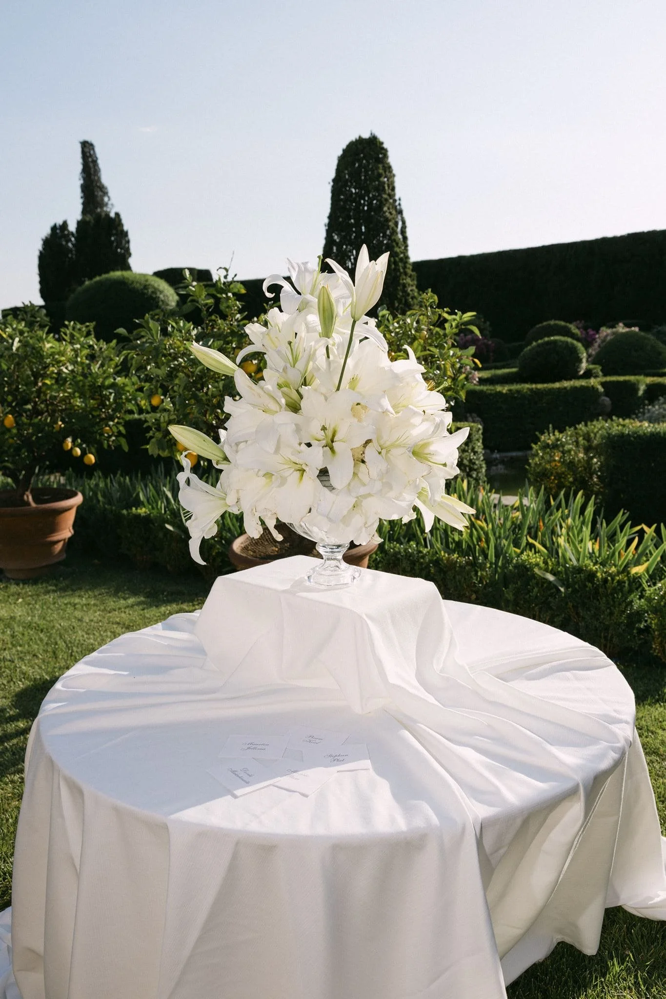 Escort cards table with white flower decor