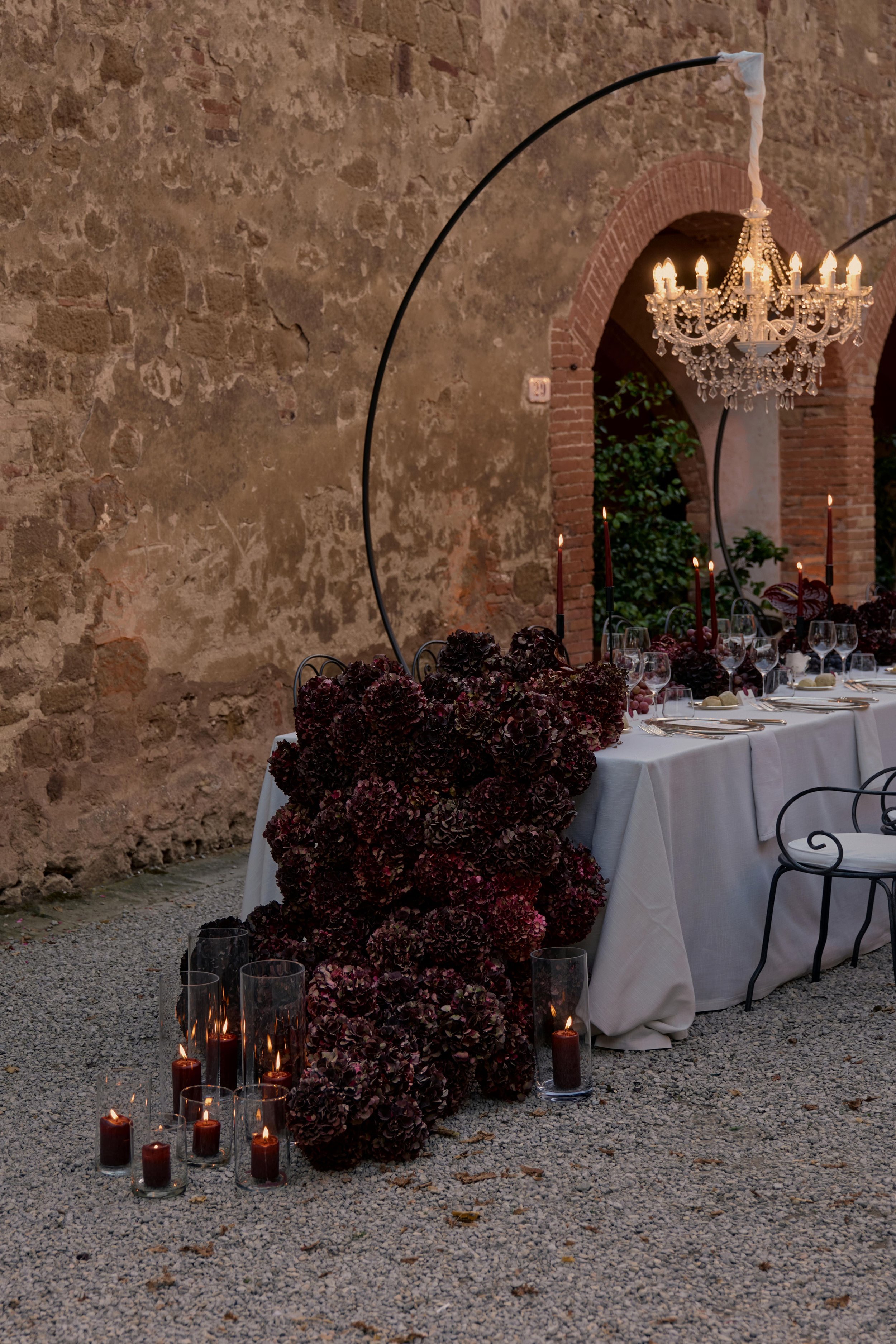 Wedding dinner table with flower cascade modern and elegant