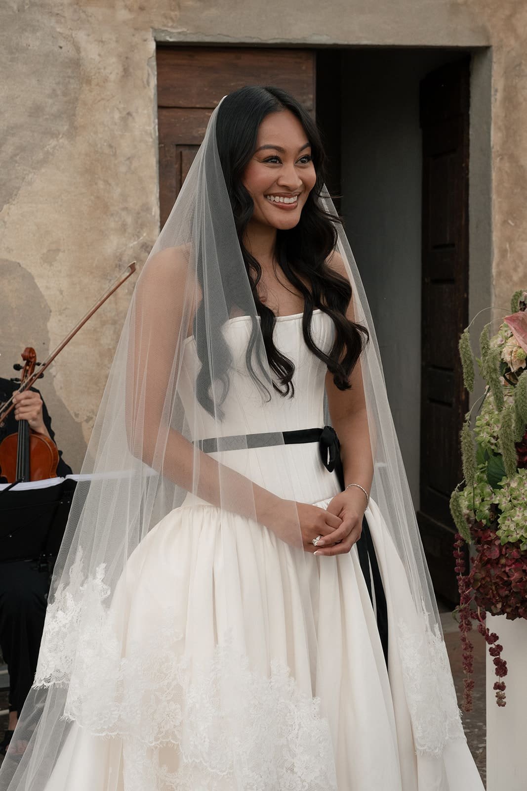 White bridal dress with black detail
