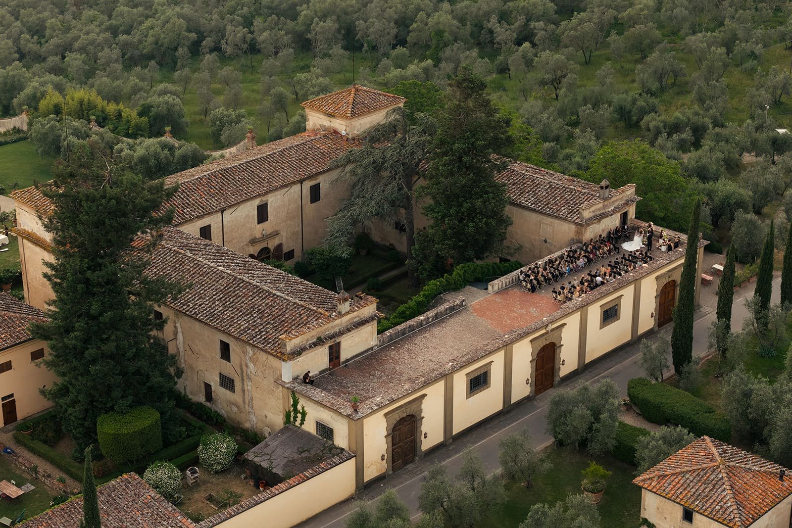 Outdoor wedding ceremony on a terrace overlooking Florence