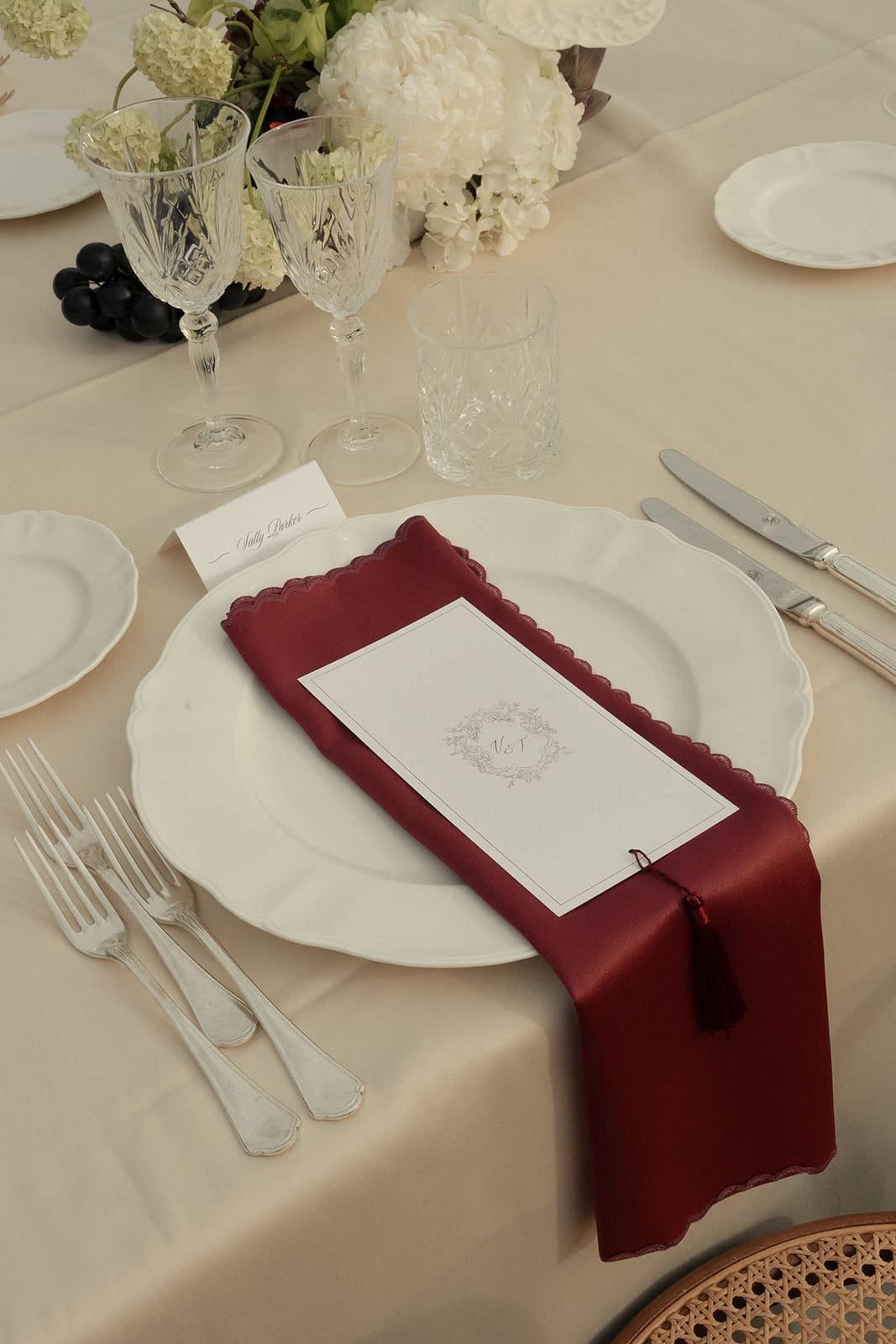 Elegant wedding menu with burgundy tassel