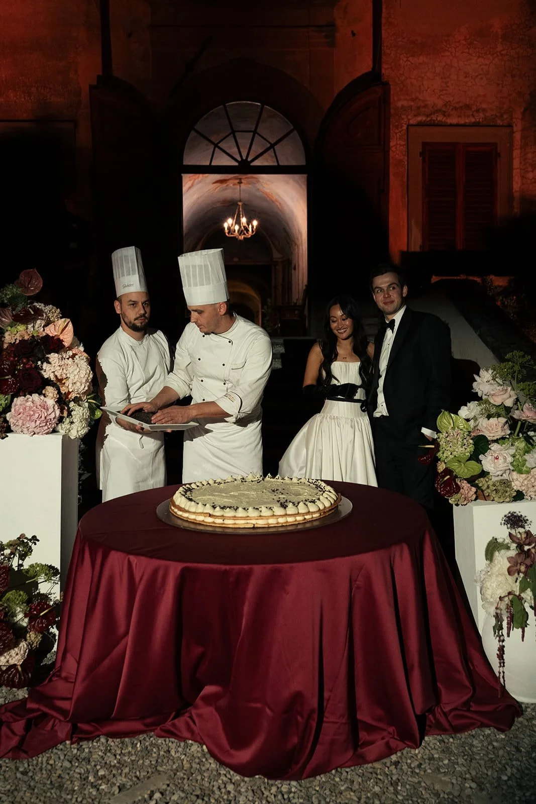 Traditional Italian millefoglie wedding cake prepared live for the guests
