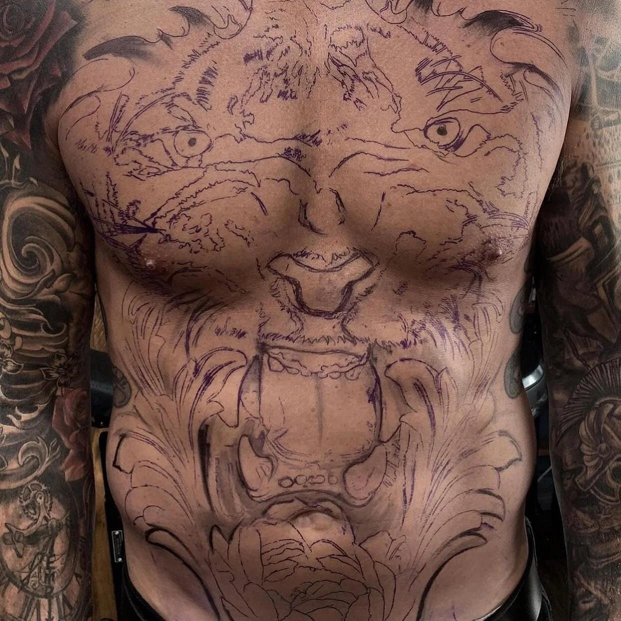 Here&rsquo;s some stages of the tiger torso tattoo. We worked out that we did about 6 sessions roughly 25/30 hours tattooing. Thanks for looking 🍂