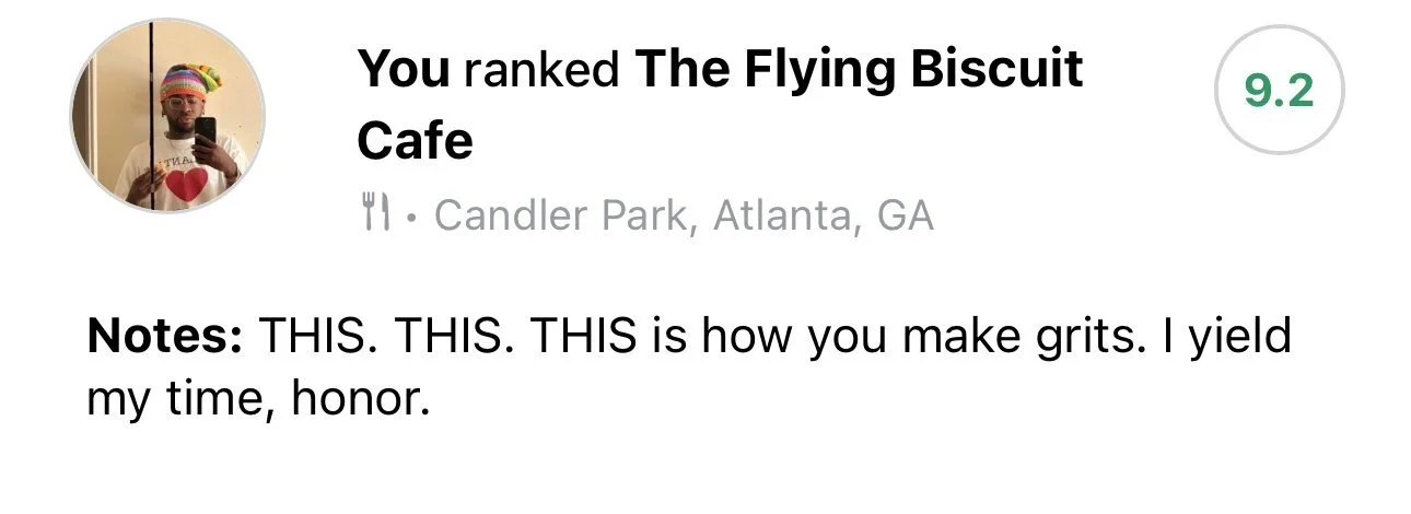 Review of The Flying Biscuit Cafe in Candler Park, Atlanta, GA with a score of 9.2. Contains a user profile image and a note praising the grits.