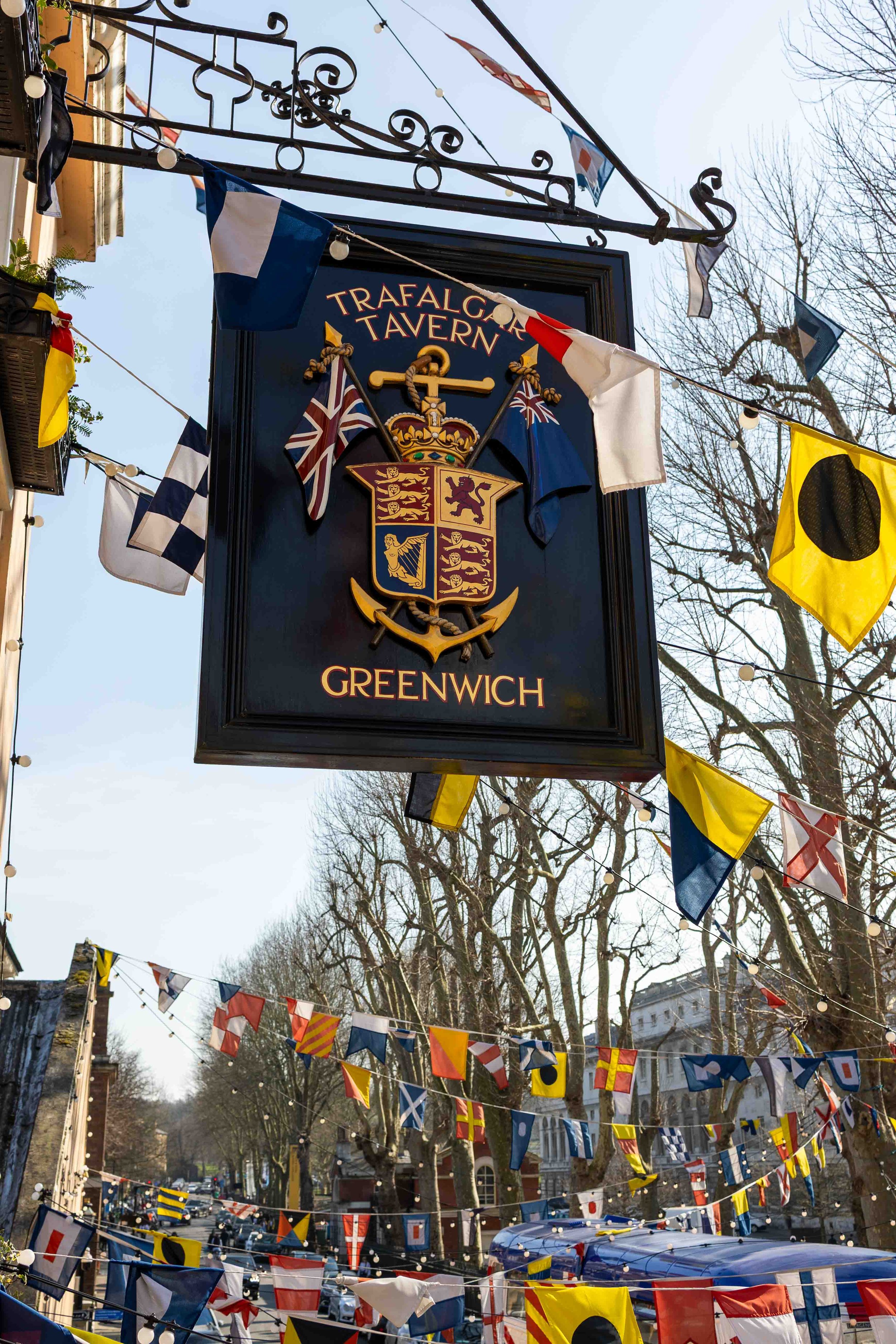 Trafalgar Tavern Greenwich exterior sign with maritime crest