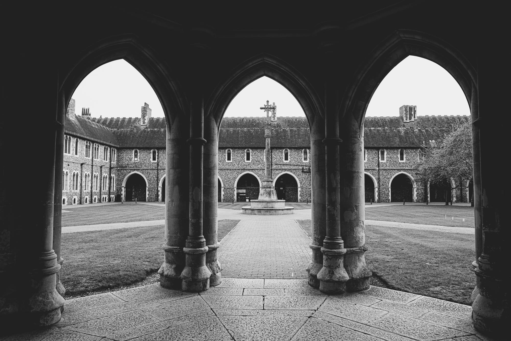 Lancing College School grounds, black and white photo during Christening Photoshoot in Sussex.