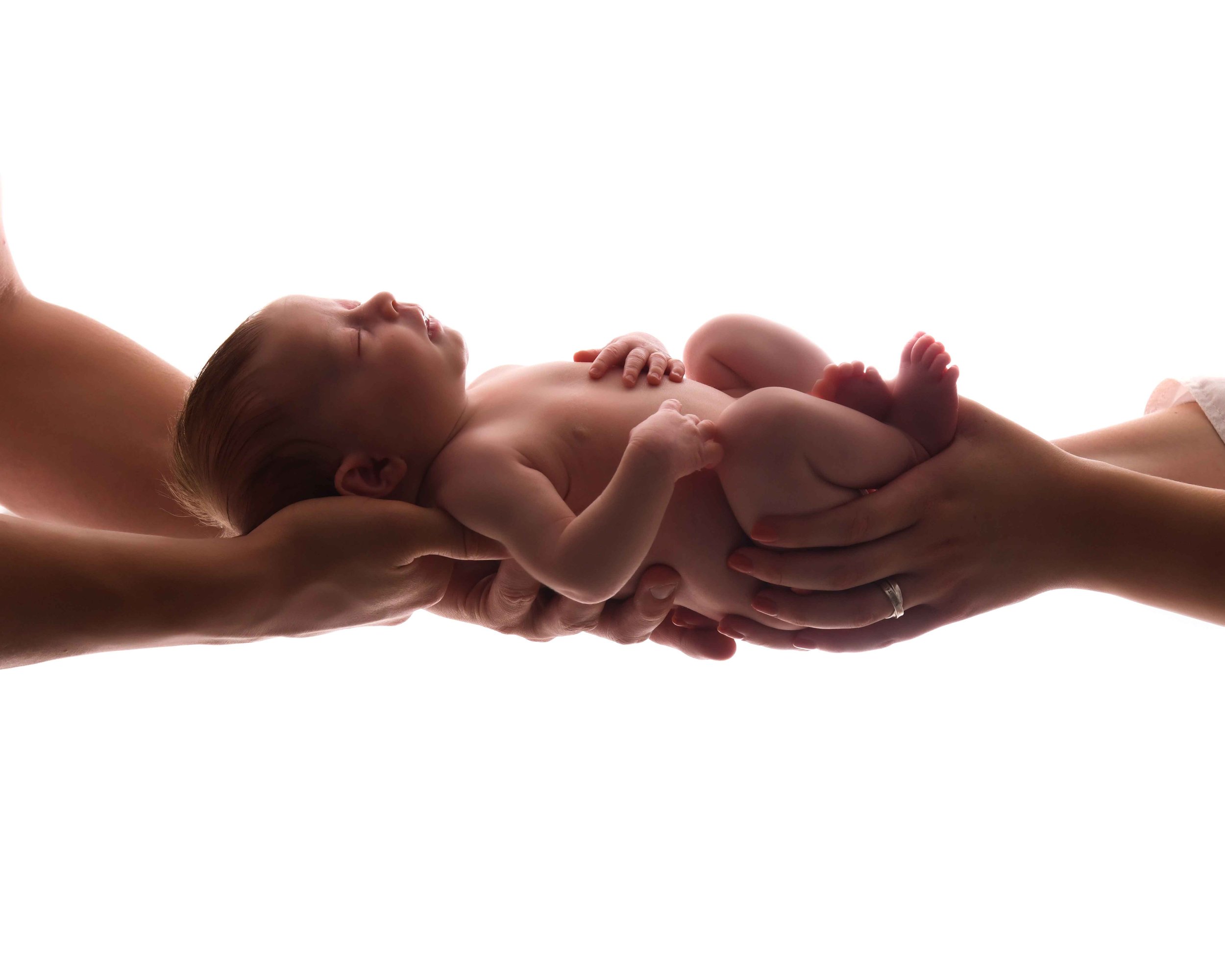 A newborn baby is being held gently by two adult hands against a plain white background.