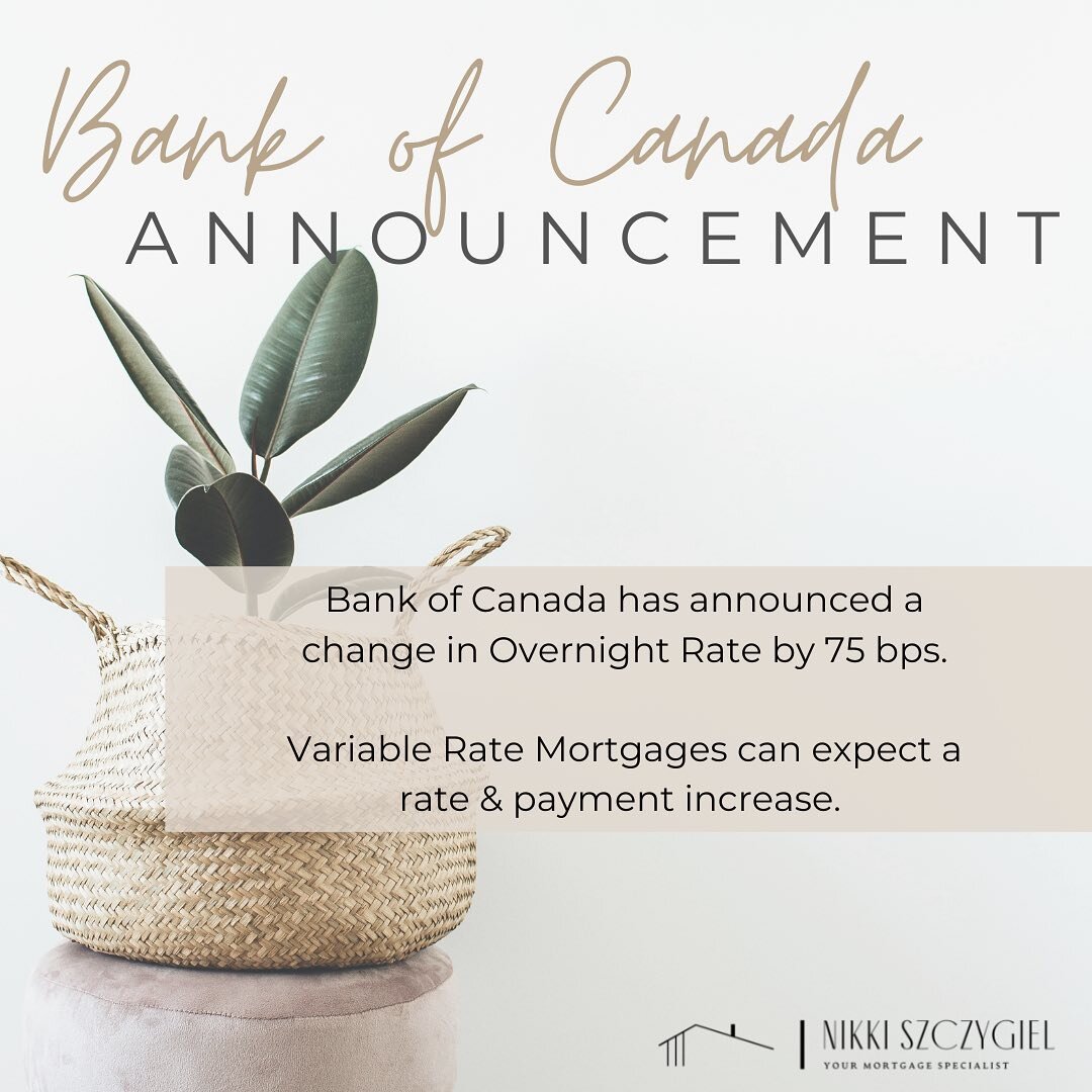 💥A tough pill to swallow yet again from the Bank of Canada today.
 
❗️The overnight rate has increased by 0.75%❗️
 
✨Bank Prime will increase to 5.45%✨
 
If you are in a variable rate mortgage, line of credit product, or any product where the rate i