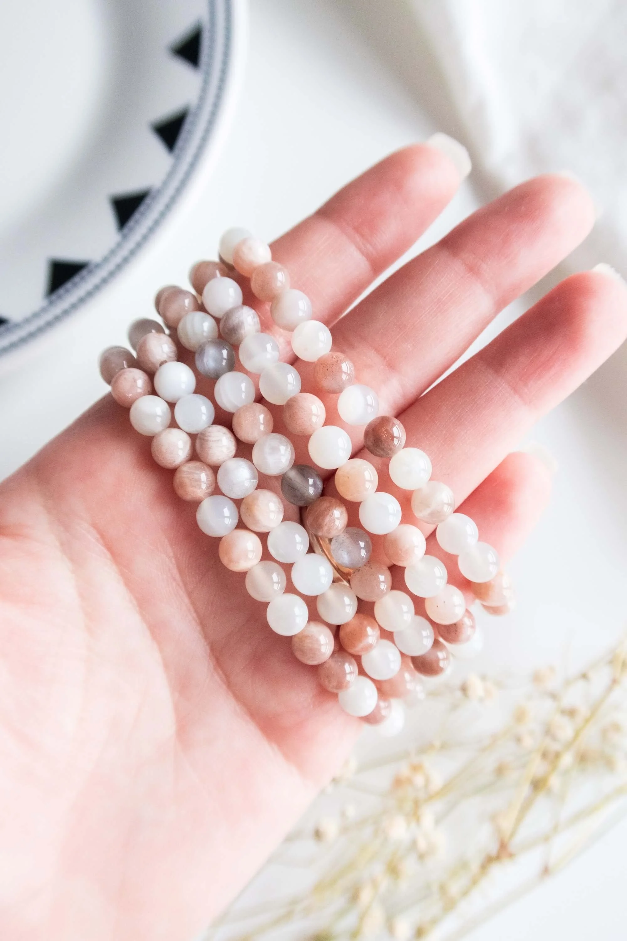 Bracciale Squisito Con Perle D'Acqua Dolce E Pietra Di Luna Bianco - 7,5 Pollici