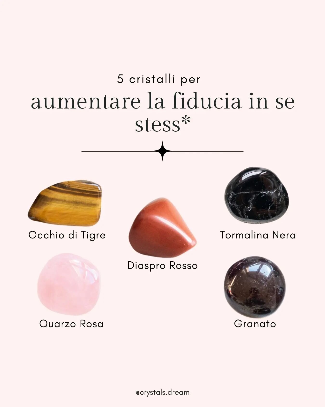 5 cristalli per aumentare la fiducia in se stess* 💫👇🏻

👉🏻 Occhio di Tigre: aiuta a ricordarti della tua forza interiore e  a riappropriarti del tuo potere personale.

👉🏻 Diaspro Rosso: dona coraggio, forza interiore e ti guida a prendere decis