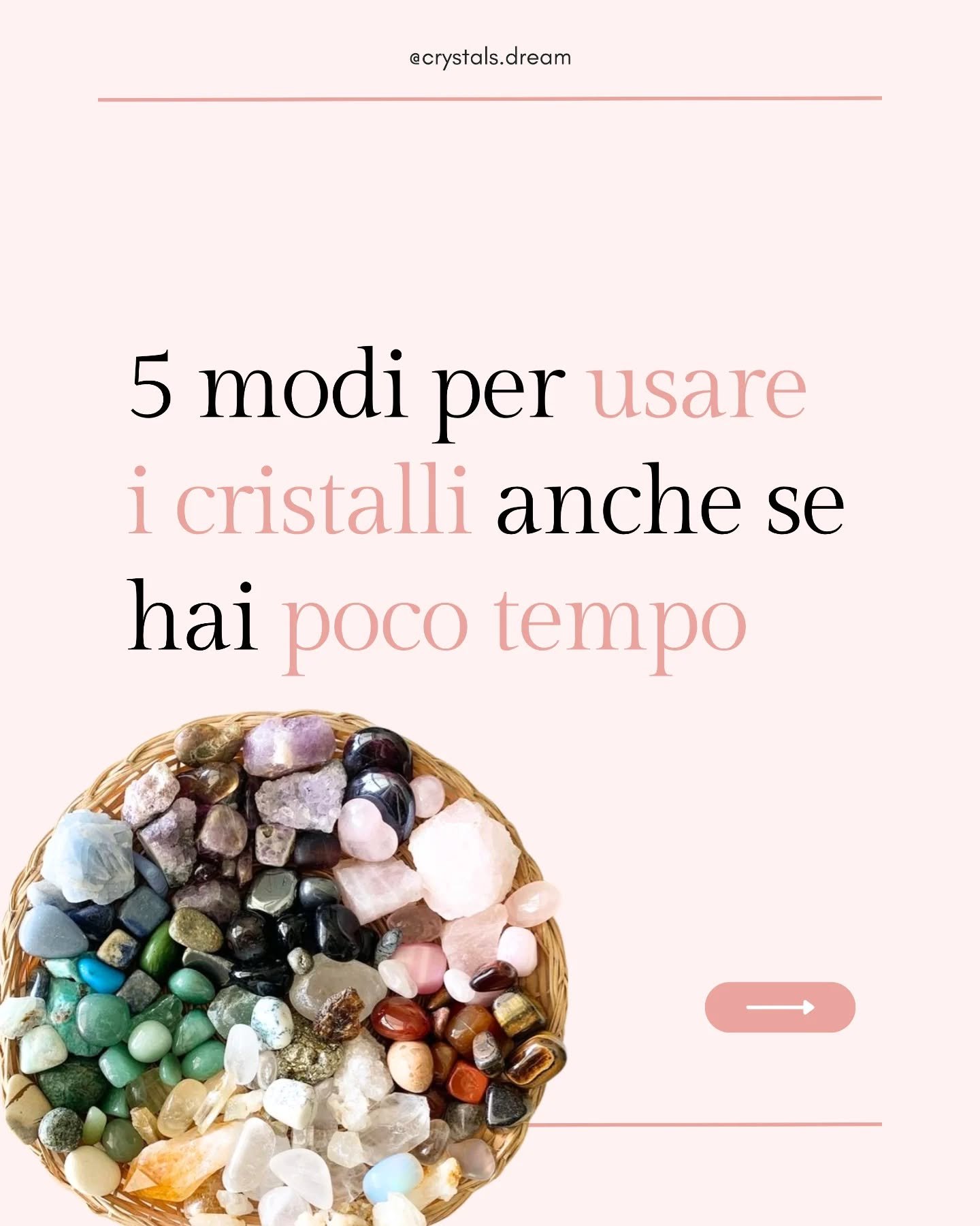 Non servono necessariamente ore di meditazione o rituali complessi per ricevere benefici reali dai cristalli.

Anzi, sono pi&ugrave; efficaci se vengono integrati con costanza nella tua routine anche in modi semplici e veloci. 💫

In questo post ti p