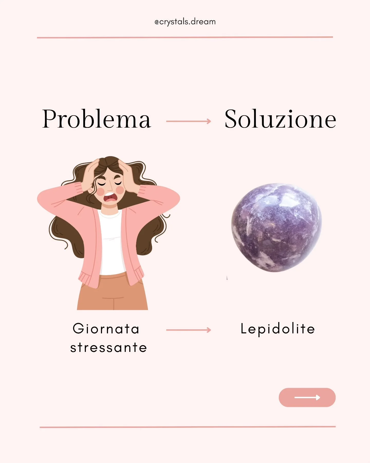 Ogni cristallo porta con sé un’energia unica, capace di supportarti nei momenti in cui ne hai maggiormente bisogno. 💖
Scorri il carosello per trovare quello che ti serve oggi 💫
💜 Giornata stressante → Lepidolite
Rilassa, calma i