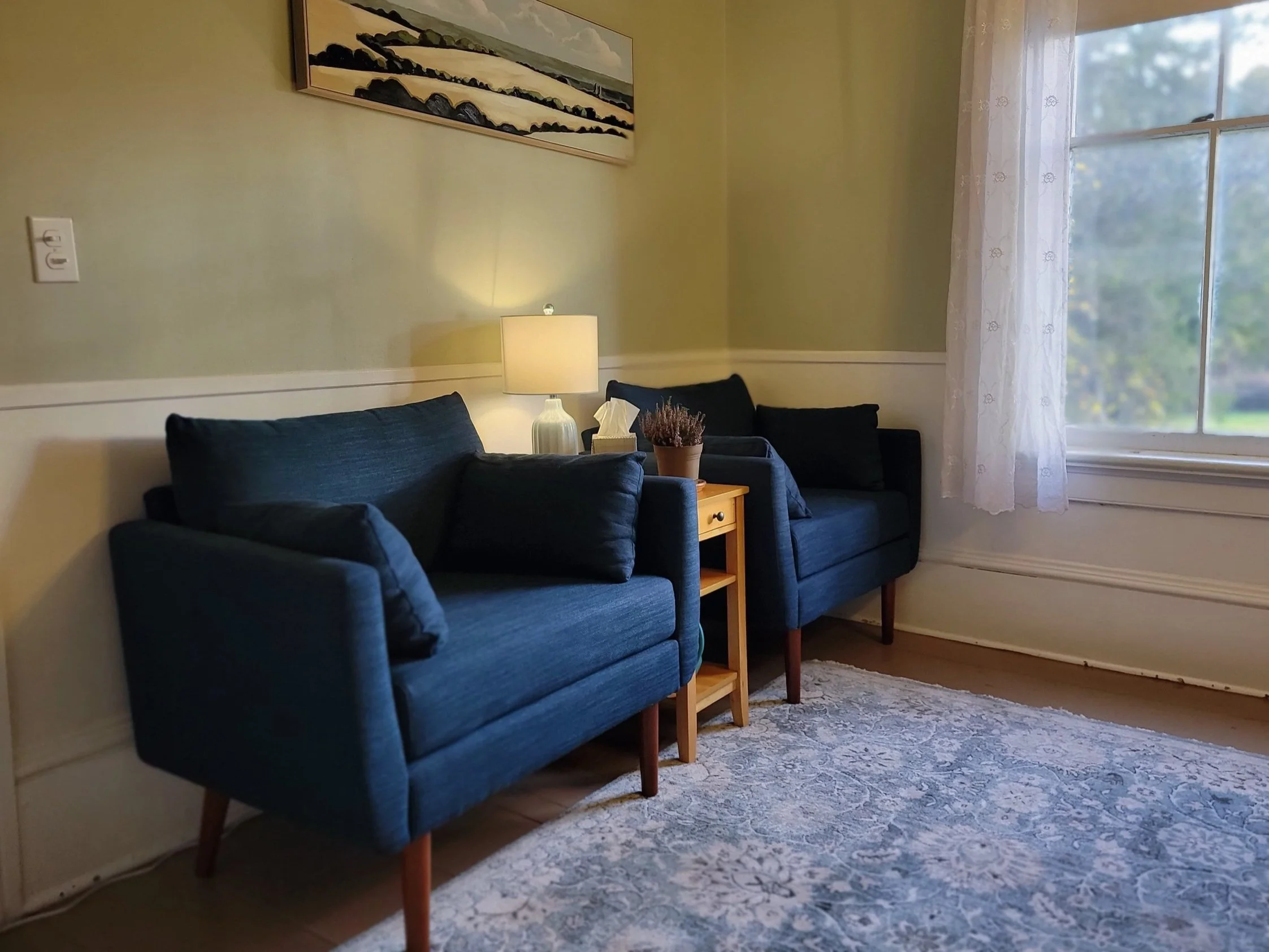 Waiting room with two blue armchairs, side table with a potted plant, and a white lamp. There is a window with sheer curtains and a painting of a landscape on the wall. The floor has a blue, patterned area rug.