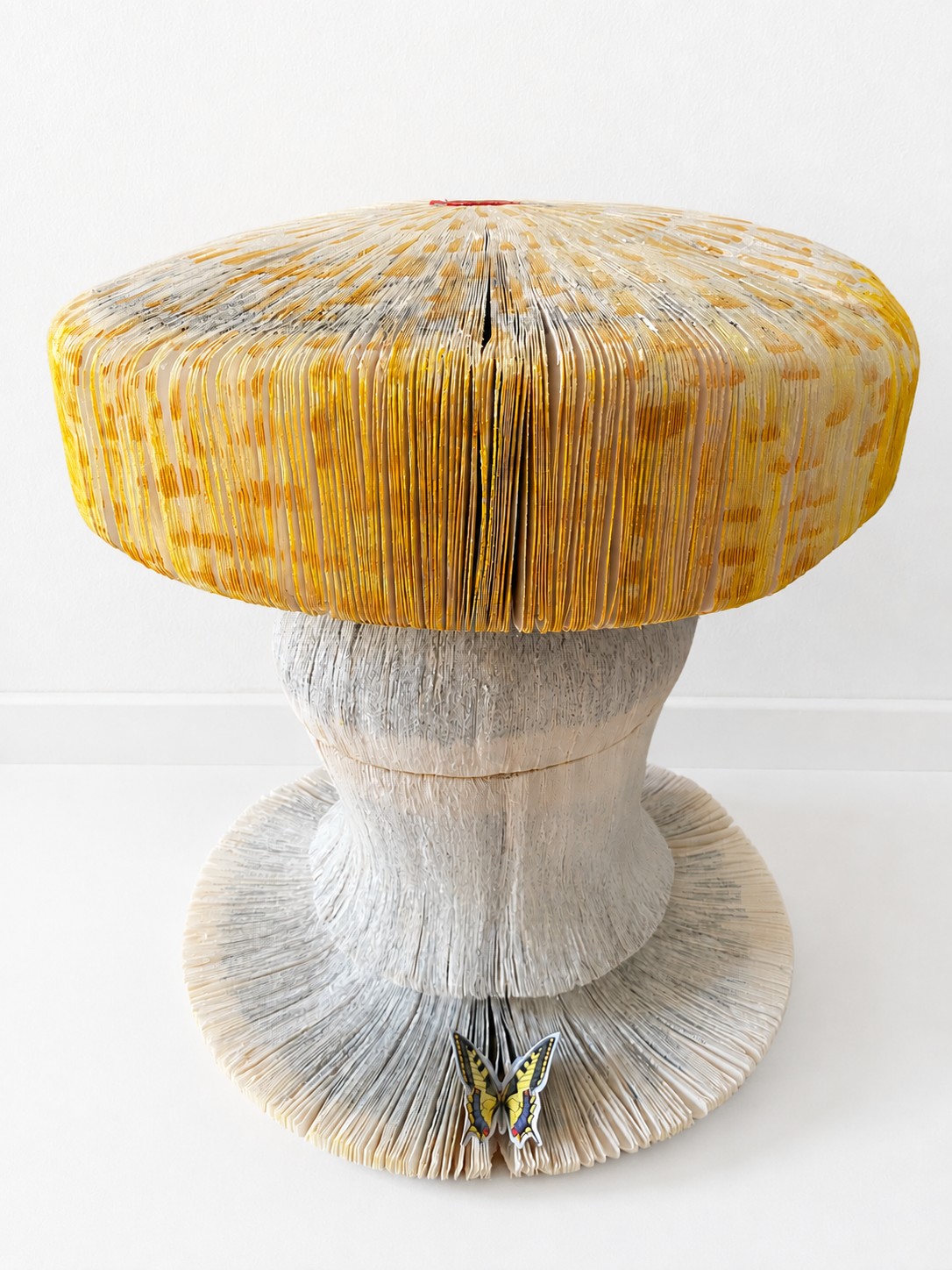 THE FUTURE IS FUNGAL ( Orange bonnet versus slipperycap ) ,2023
Hand crafted , altered & sanded books , pastel powder , 45 cm high x 35 cm diameter 