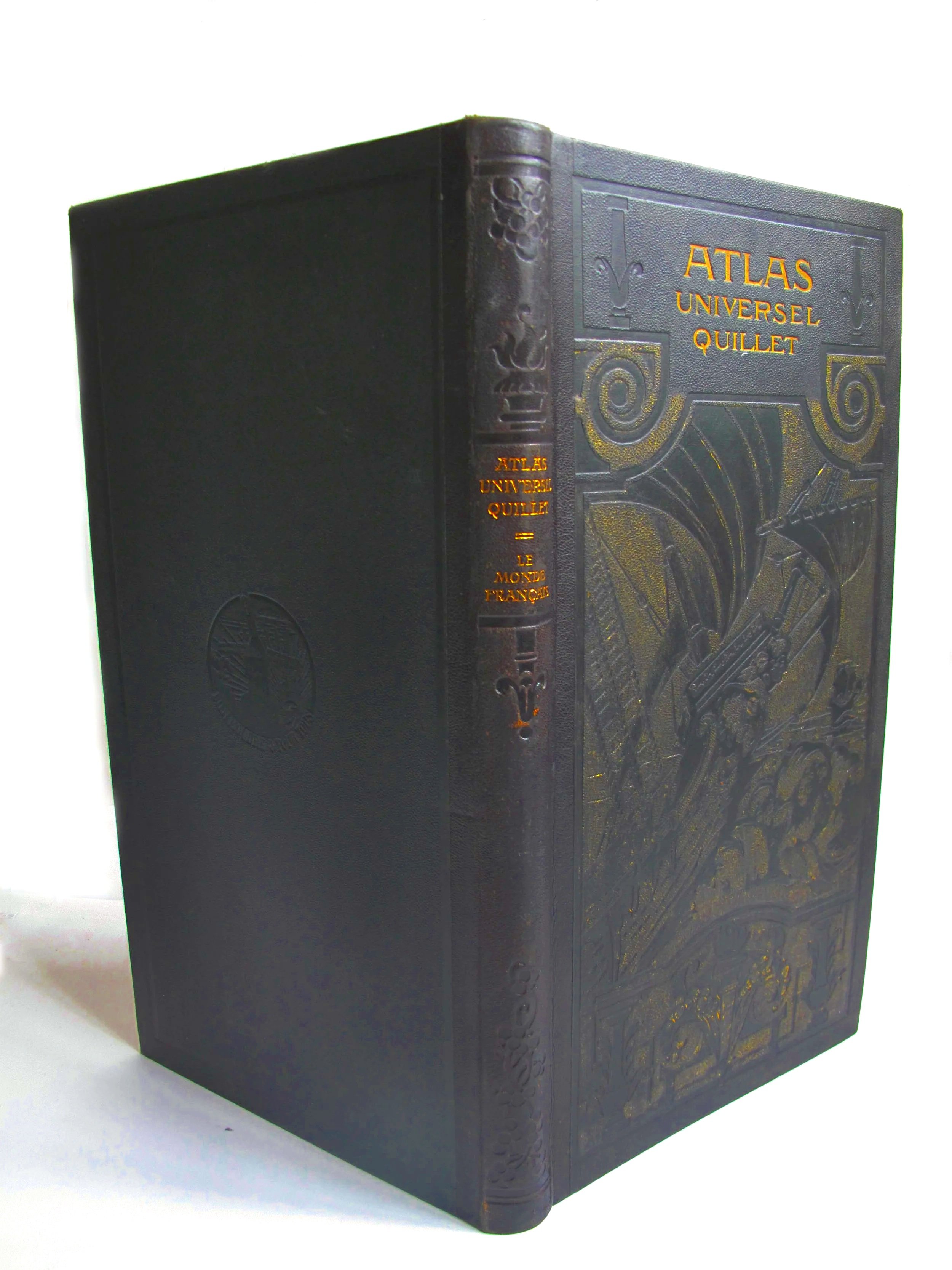  ATLAS ORNE,  2016, hand cut & altered book -Atlas Universel Quillet, Physique–Économique–Politique, published by Librairie Aristide Quillet, Paris, 1923 , gold leaf, collection Senate house London