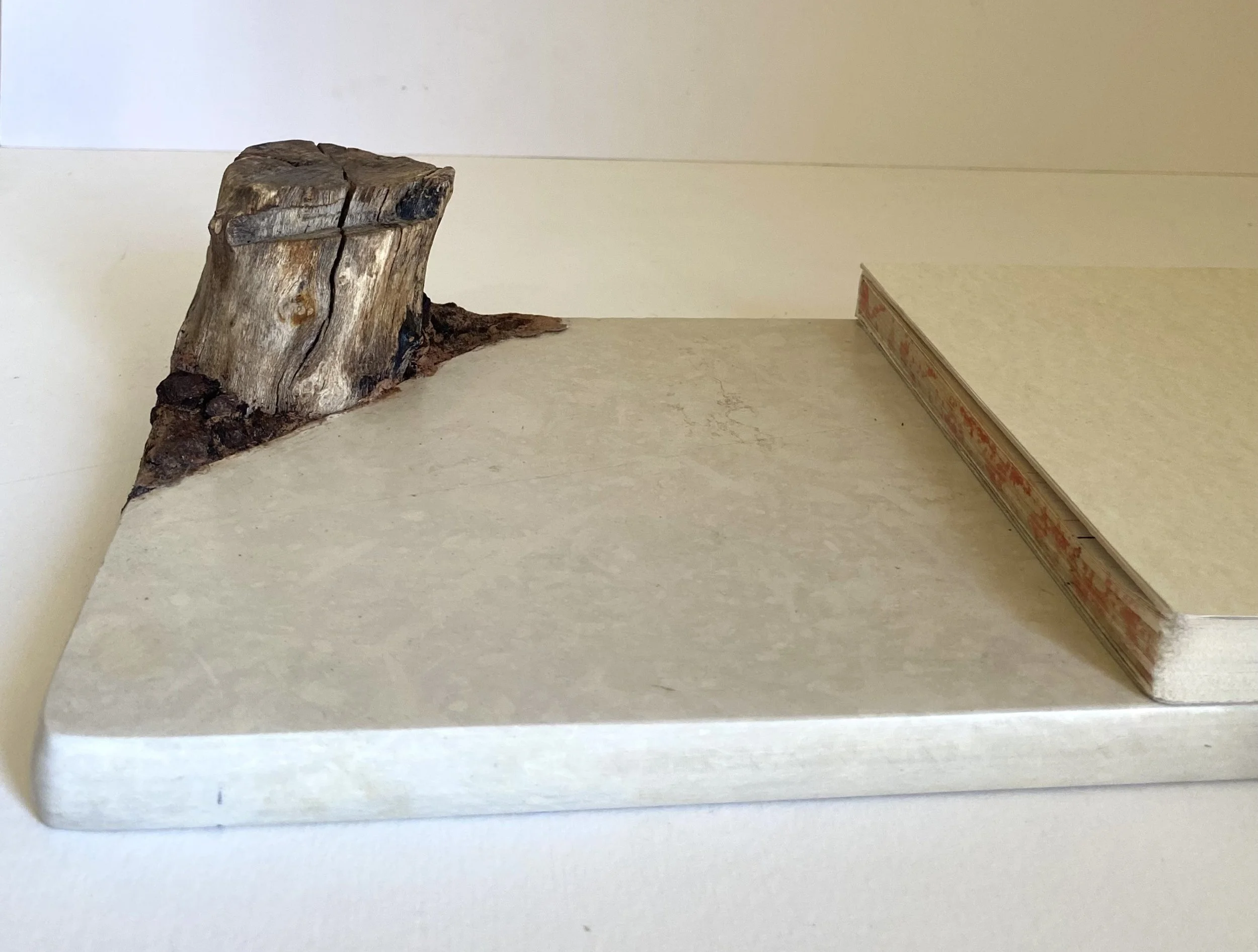 
POETS NOTEBOOK – Between Marble & Marbling, (detail ) 2026
Handcrafted notebook, marble, wooden branch, marbled paper, clay
30 × 15 × 6 cm
