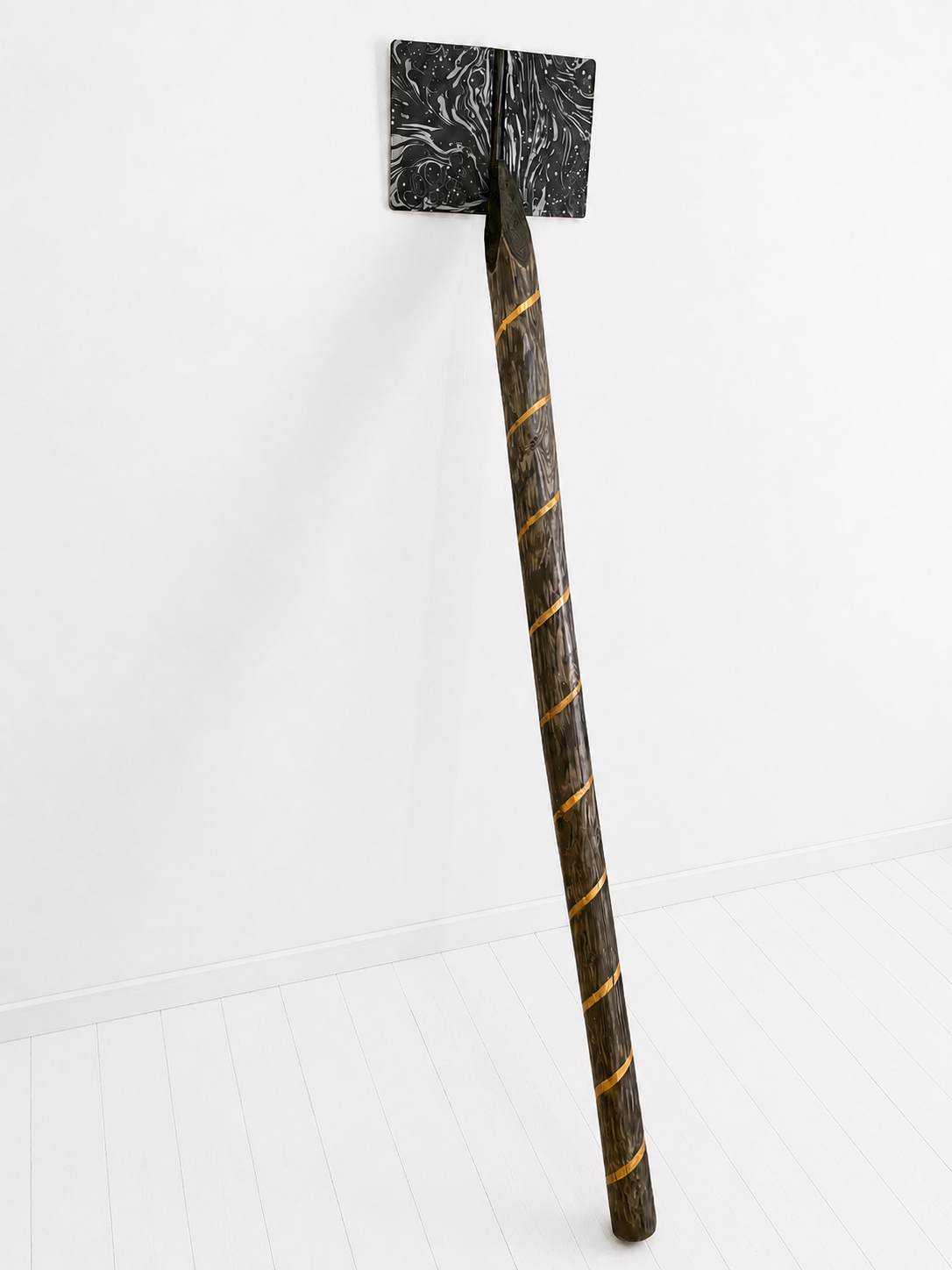 PENCIL WITH NOTE BOOK , 2026
found wood branch, graphite, gold leaf, marbling paper, silver ink, 
Pencil 180 high x 10 cm diameter, NoteBook 25 x18 x 3 cm 
