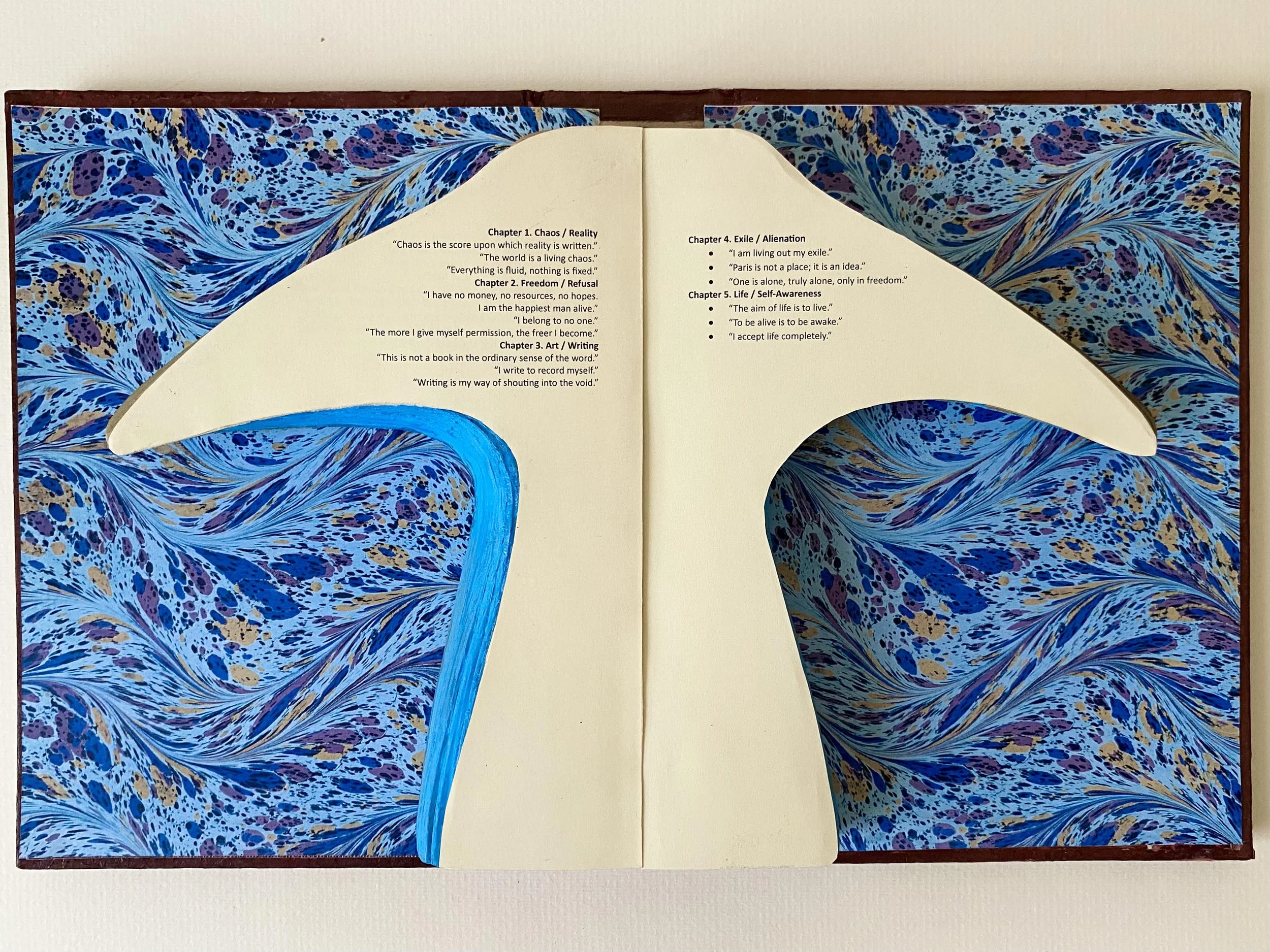 CENSORED -FUNGI - Tropic of Cancer, 2026.
Handcrafted and cut book, marbled paper, acrylic paint, and wood.
26 × 42 x 1 cm.