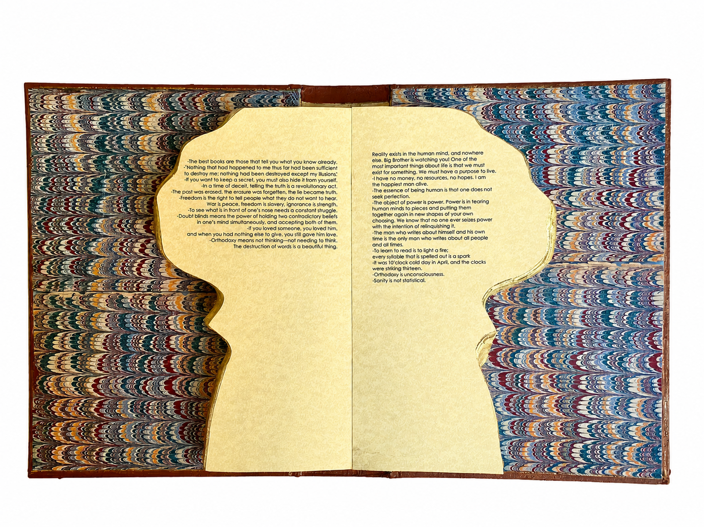 CENSORED - FUNGI BOOK– Tropic of Capricorn
 2026. 
Handcrafted and cut book, marbled paper, acrylic paint, and wood.
26 × 42 x 1 cm.