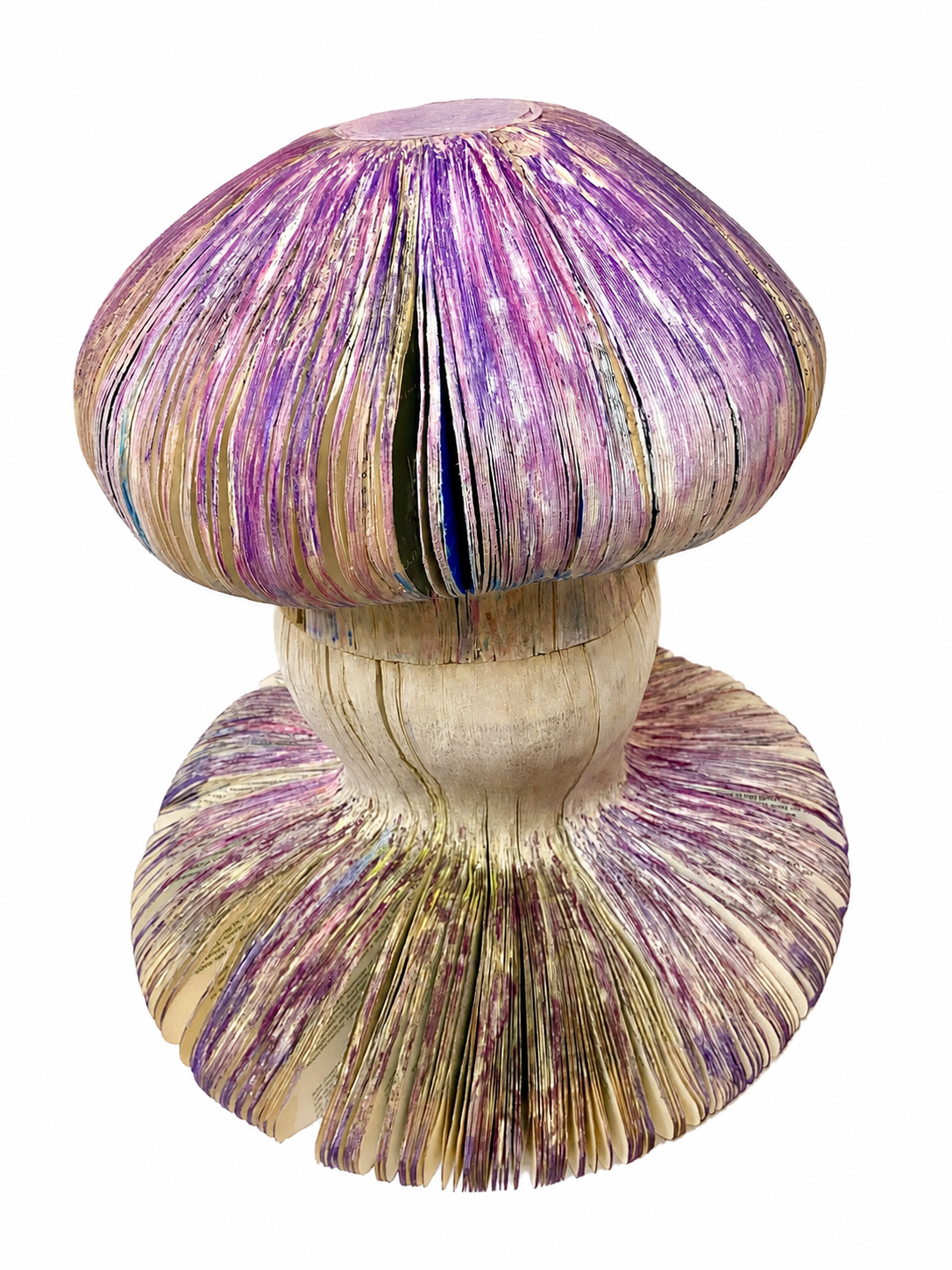 PURPEL DEATH CAP VERSUS EAST BROWN DEATH CAP (b), 2023 handmade, altered vintage books, 37 cm hight x 40 cm diameter