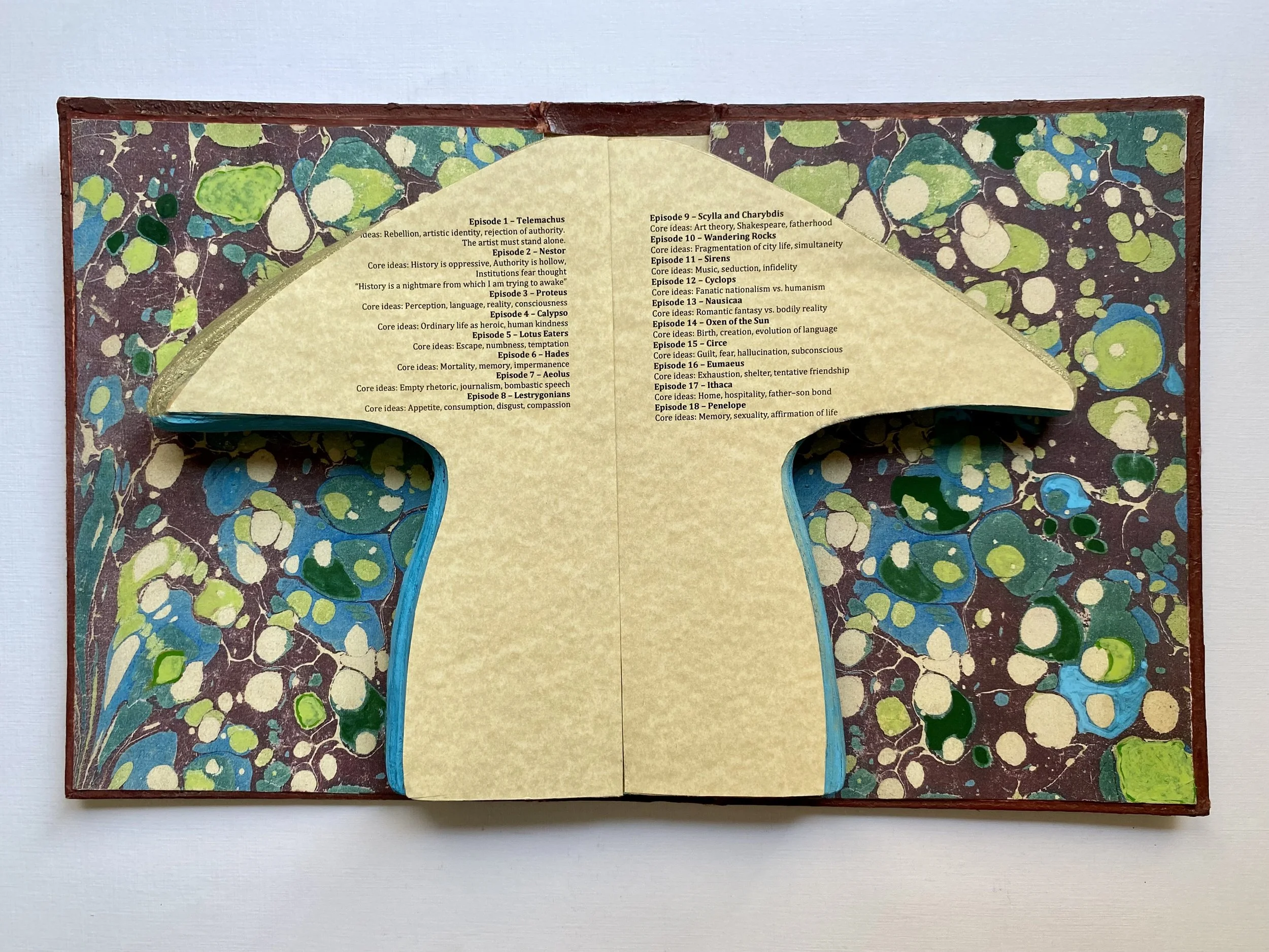 Censored – Ulysses, 2026. Handcrafted and cut book, marbled paper, acrylic paint, and wood.
24 × 30 cm.
