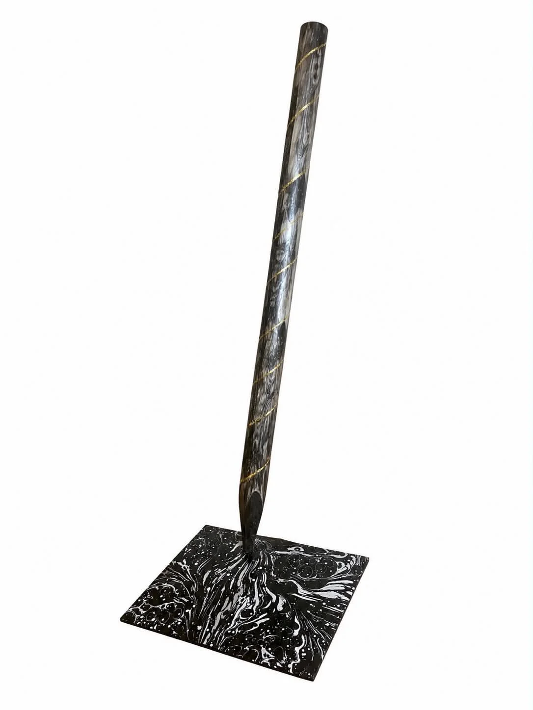 THE MARBLING PENCIL, ( queens of the circulating library ) 2026
found wood branch, graphite, gold leaf, marbling paper, silver ink, 180 high x 45 x 35 cm